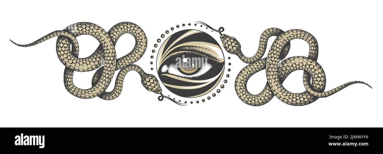 Alle sehenden Augen und zwei kriechende Schlangen mittelalterliche okkultische Illustration isoliert auf Weiß. Vektorgrafik. Stock Vektor