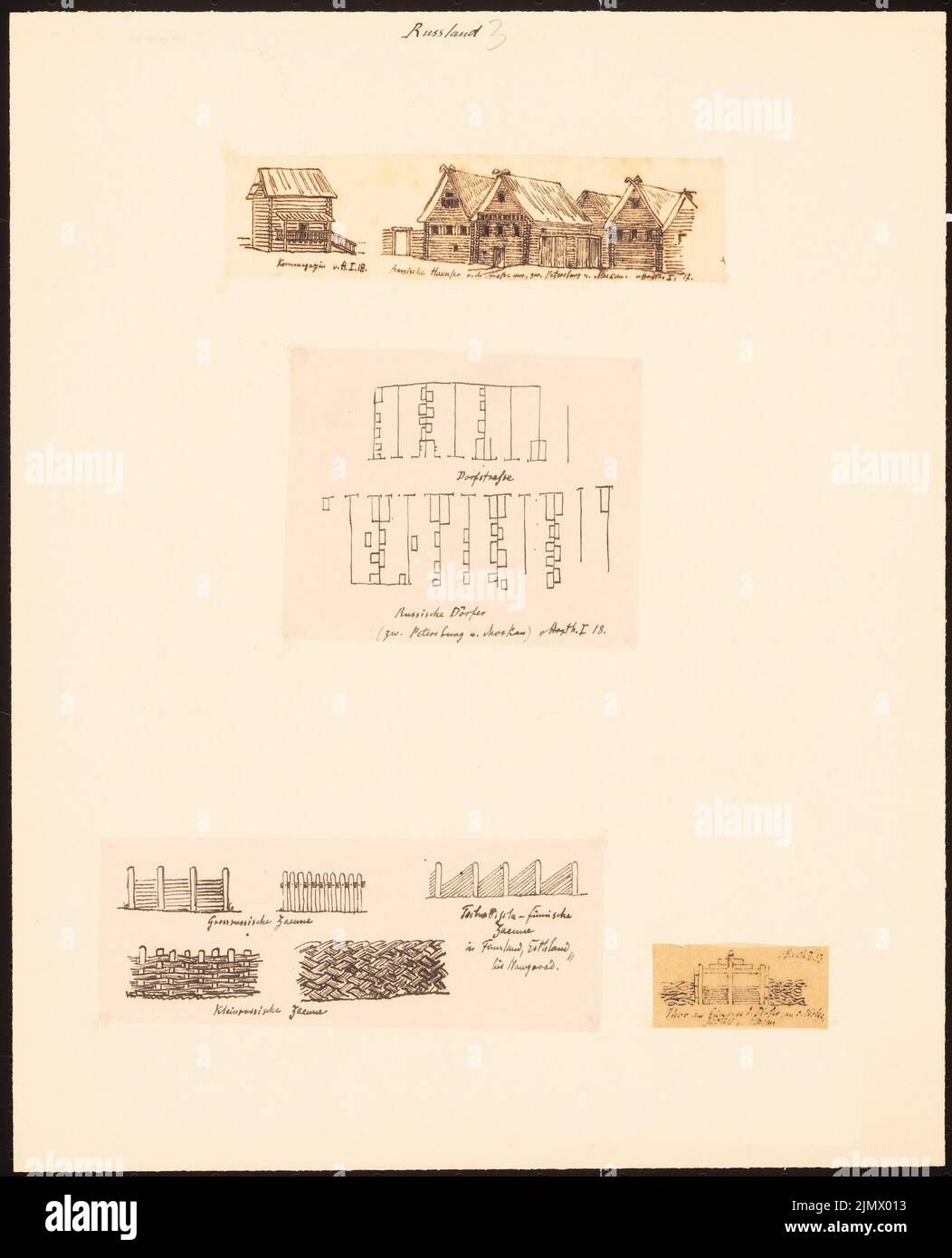 Quast Ferdinand von (1807-1877), Russische Häuser, Getreidezeitschrift und Dörfer zwischen Petersburg und Moskau, Groß- und Kleinrussian- und Finnische Zäune in Finnland-Estland nahe Jetzt (ohne Datum): Vier Blätter mit Passage: Perspektivische Ansichten von Häusern und Kornmagazin, Verlegeplan russischer Dörfer, fünf detaillierte Ansichten von Hol. Tusche auf Papier und transparent, 34,9 x 28,3 cm (inklusive Scankanten) Quast Ferdinand von (1807-1877): Russische Häuser, Kornmagazin und Dörfer zwischen St. Petersburg und Moskau, Zäune in Finnland-Estland bei Nowgorod, Dorfeingangstor südlich von Kasan Stockfoto