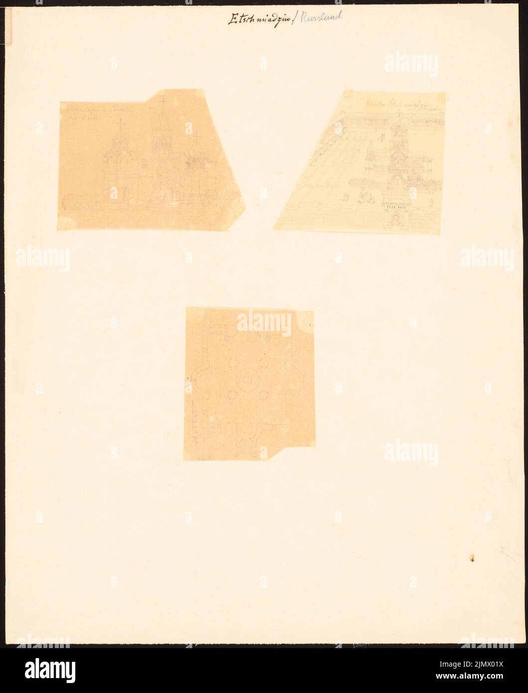 Quast Ferdinand von (1807-1877), Kloster Etschmiadzin in Armenien, Russland (ohne Dat.): Drei Blätter mit Durchgangszeichnungen: Perspektivische Ansicht, Vogelschau des Systems und des Klostergebäudes, Grundriss, Maßstabsbalken, nach Chardin II. Bleistift auf Transparent, 35,6 x 29 cm (inklusive Scan-Kanten) Quast Ferdinand von (1807-1877): Kloster Etschmiadzin in Armenien Stockfoto