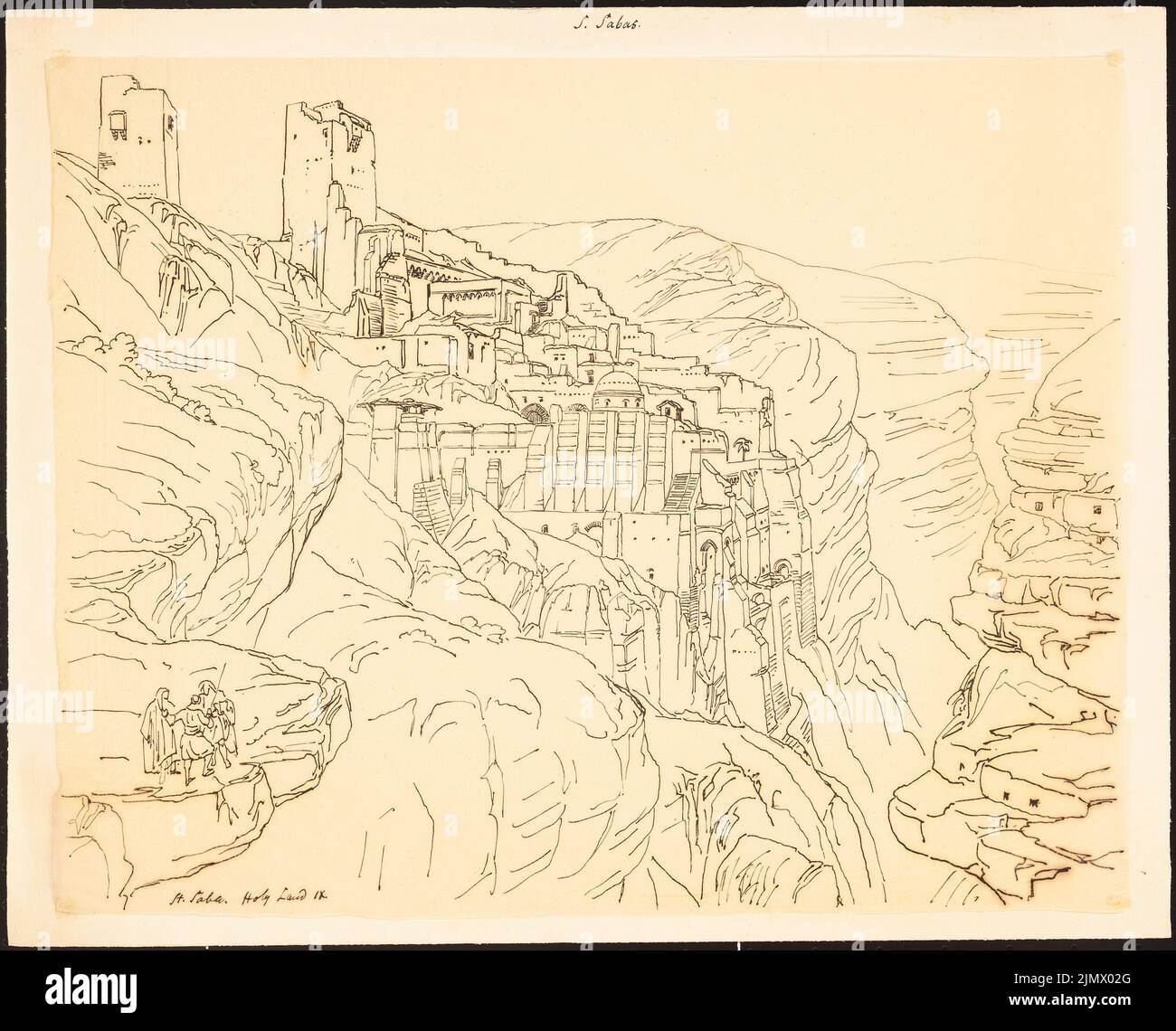 Quast Ferdinand von (1807-1877), Kloster St. Saba (Mar Saba) und Landschaft (nach 1849): Kontrolle: Perspektivische Ansicht des Klosters und der Umgebung mit Personal, so David Roberts, The Holy Land, Vol. IX (Between 1842 and Ink on Transparent, 35,4 x 43,8 cm (inklusive Scankanten) Quast Ferdinand von (1807-1877): Kloster und Landschaft St. Saba (Mar Saba) Stockfoto