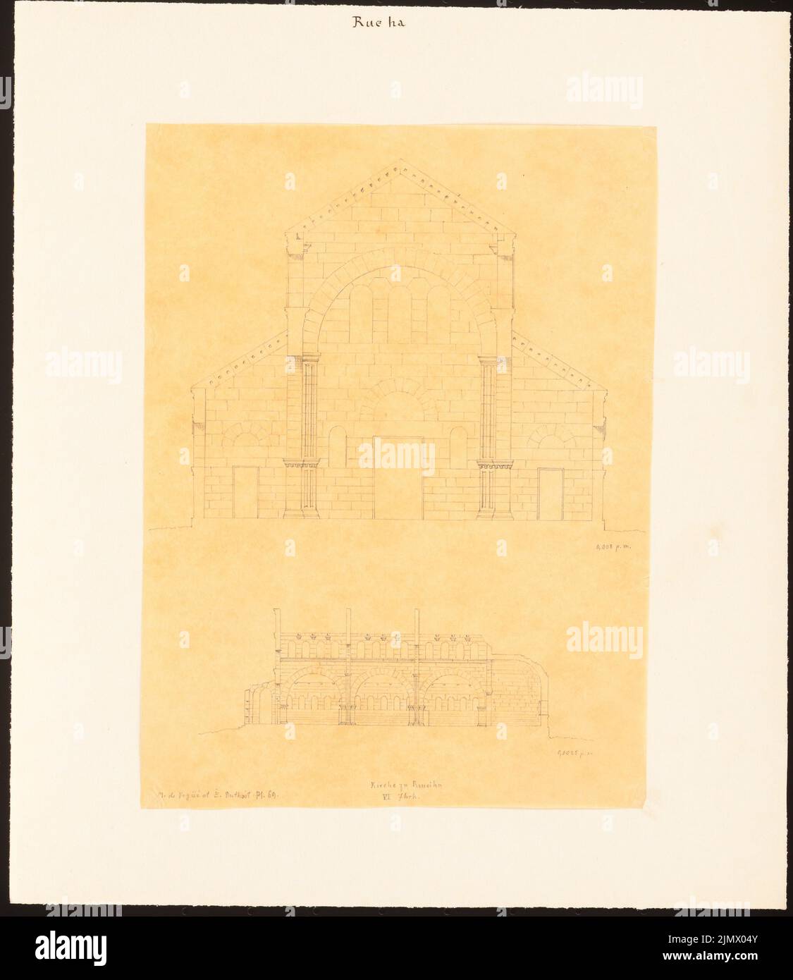 Quast Ferdinand von (1807-1877), Kirchenruine in Rueha (Rouchaia/Ruwaystah) in Syrien (ohne dat.): Vorderansicht, Seitenansicht, Abmessungen (vermutlich nach M. de Vogüé und E. Duthoit gezeichnet: Syrie Centrale, Pl. 69). Bleistift auf Transparent, 33,7 x 29,2 cm (inklusive Scan-Kanten) Quast Ferdinand von (1807-1877): Kirchenruine, Rueha (Rouhaia/Ruwayhah) Stockfoto