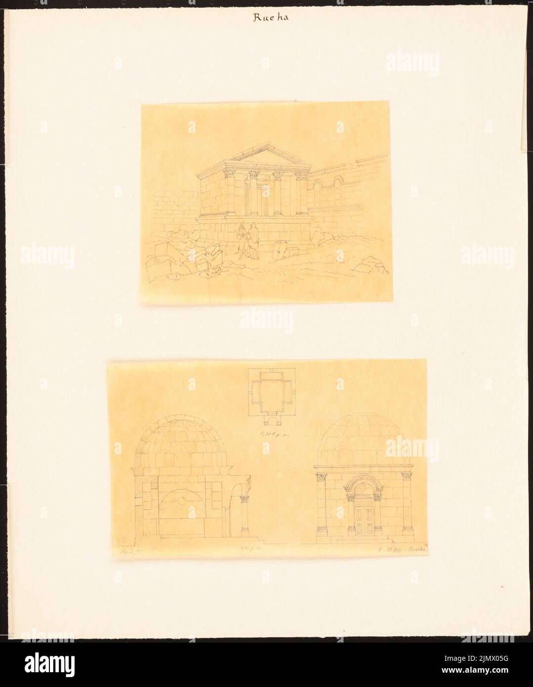 Quast Ferdinand von (1807-1877), Grab (5. bis 6. Jahrhunderte) in Rueha (Rouchaia/Ruwayhah) in Syrien (ohne Datum): Perspektivische Ansicht eines Grabes, Ansicht, Grundriss und Schnitt aus dem Grab des Bizzo (2 Blätter, vermutlich durch Zeichnungen nach M. d. Bleistift auf Transparent, 35,2 x 29,3 cm (inklusive Scankanten) Quast Ferdinand von (1807-1877): Grabmal (5. Bis 6. Jh.), Rueha (Rouhaia/Ruwayhah) Stockfoto