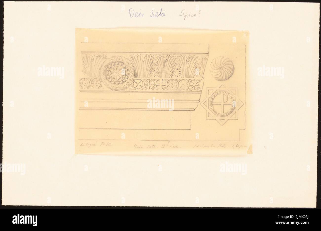 Quast Ferdinand von (1807-1877), Kirche aus dem 4.. Jahrhundert in Deir Seta in Syrien (ohne dat.): Details der Türschwein mit Christus-Emblem, Dimension, nach M. de Vogüé und E. Duthoit: Syrie Centrale, Pl. 100. Bleistift auf Transparent, 19 x 29,2 cm (inklusive Scankanten) Quast Ferdinand von (1807-1877): Kirche aus dem 4. Jh., Deir Seta Stockfoto