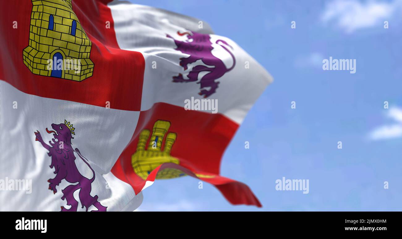 Die Flagge von Kastilien und Leon winkt an einem klaren Tag im Wind. Stockfoto