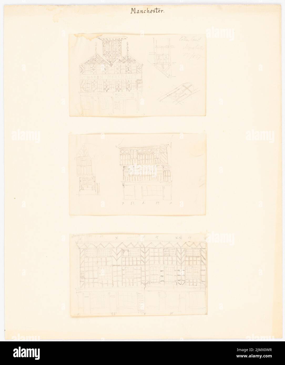 Quast Ferdinand von (1807-1877), Holzgiebel der Cotton Courts und von Häusern in Manchester (27. Juni 1857): Frontansicht und Details. Bleistift auf Papier, 34,9 x 29,1 cm (inklusive Scankanten) Quast Ferdinand von (1807-1877): Holzhebel des Cotton Courts und von Wohnhäusern, Manchester Stockfoto