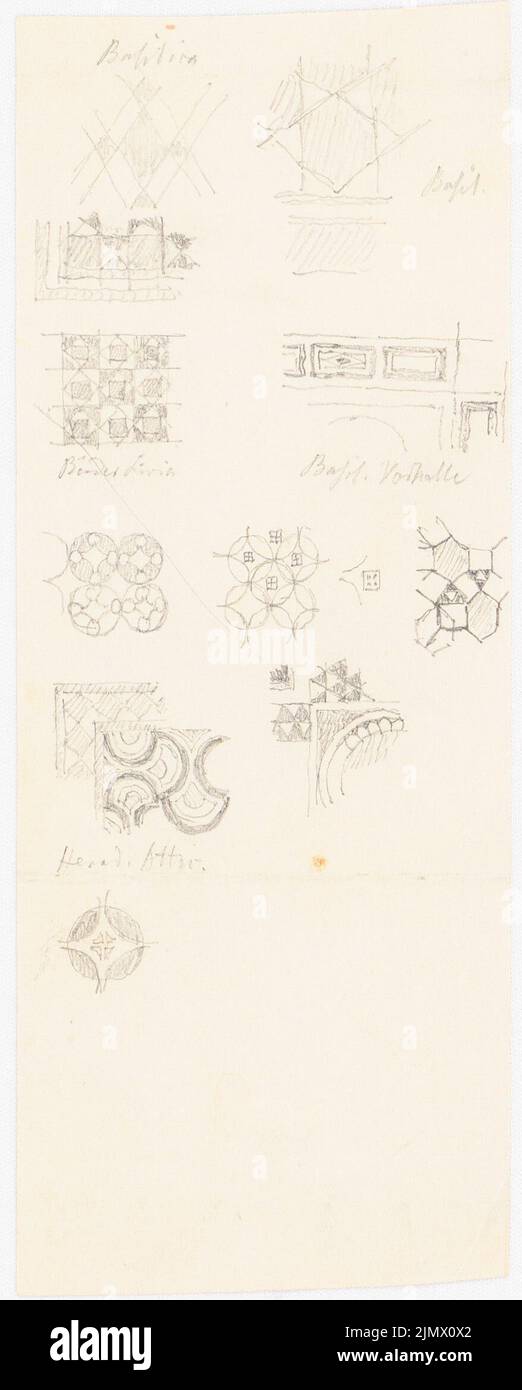 Quast Ferdinand von (1807-1877), Muster von Bodenbelägen oder Wandmosaiken aus einer Basilika, die Bäder der Livia, Herodes Atticus, in Rom? (Ohne DAT.): Zahlreiche geometrische Musterdetails. Bleistift auf Papier, 18,5 x 7,5 cm (inklusive Scan-Kanten) Quast Ferdinand von (1807-1877): Muster von Fußbodenbelägen oder Wandmosaiken aus einer Basilica, den Bädern der Livia, Herodes Atticus, Rom (?) Stockfoto