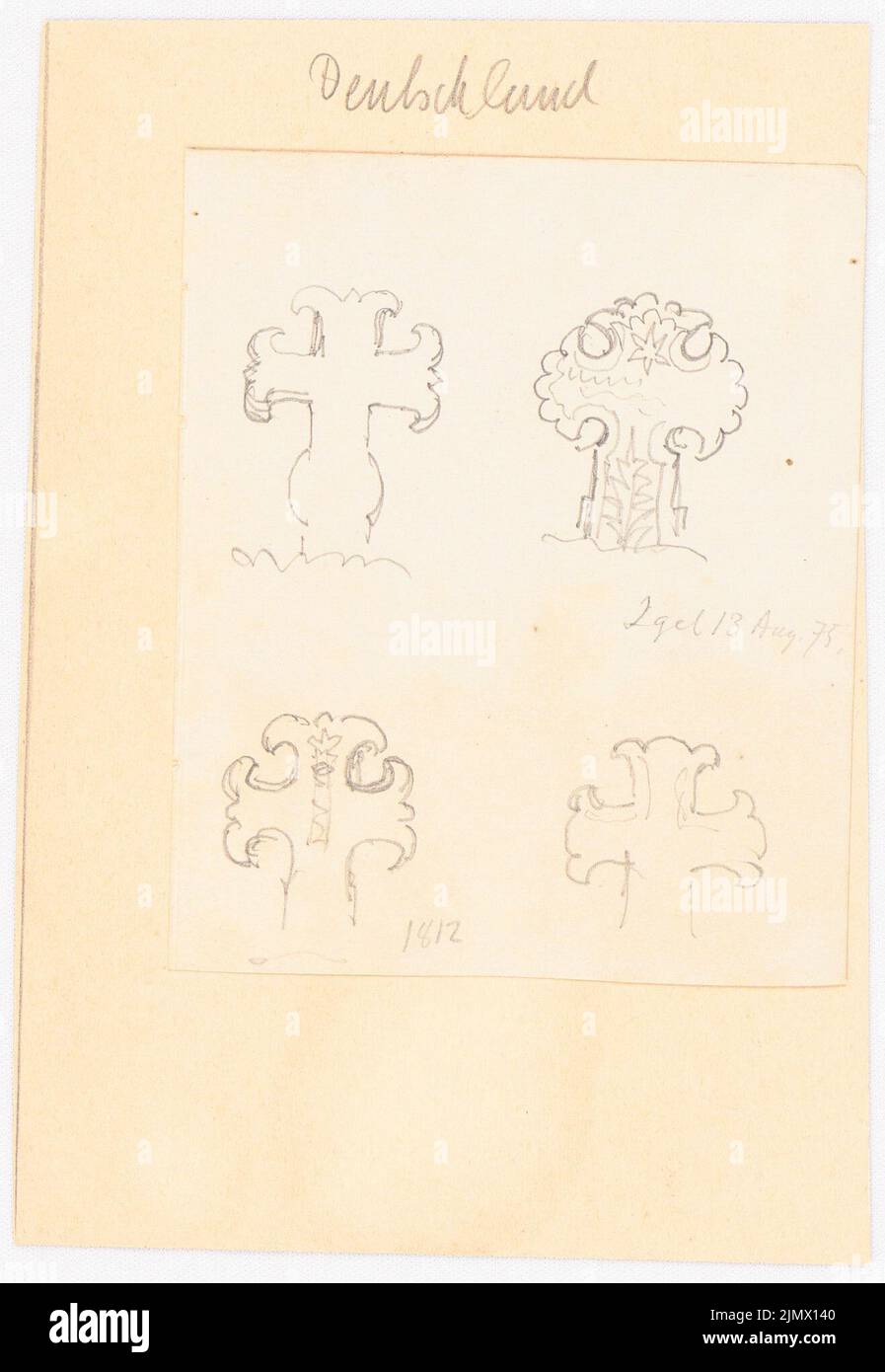 Quast Ferdinand von (1807-1877), vier Gilgenkreuze in Igel (13.08.1875): Ansichten stilisierter Lilienkreuze (eines von 1812). Bleistift auf Papier, 16,1 x 11,1 cm (inklusive Scankanten) Quast Ferdinand von (1807-1877): Vier Gilgenkreuze, Igel Stockfoto