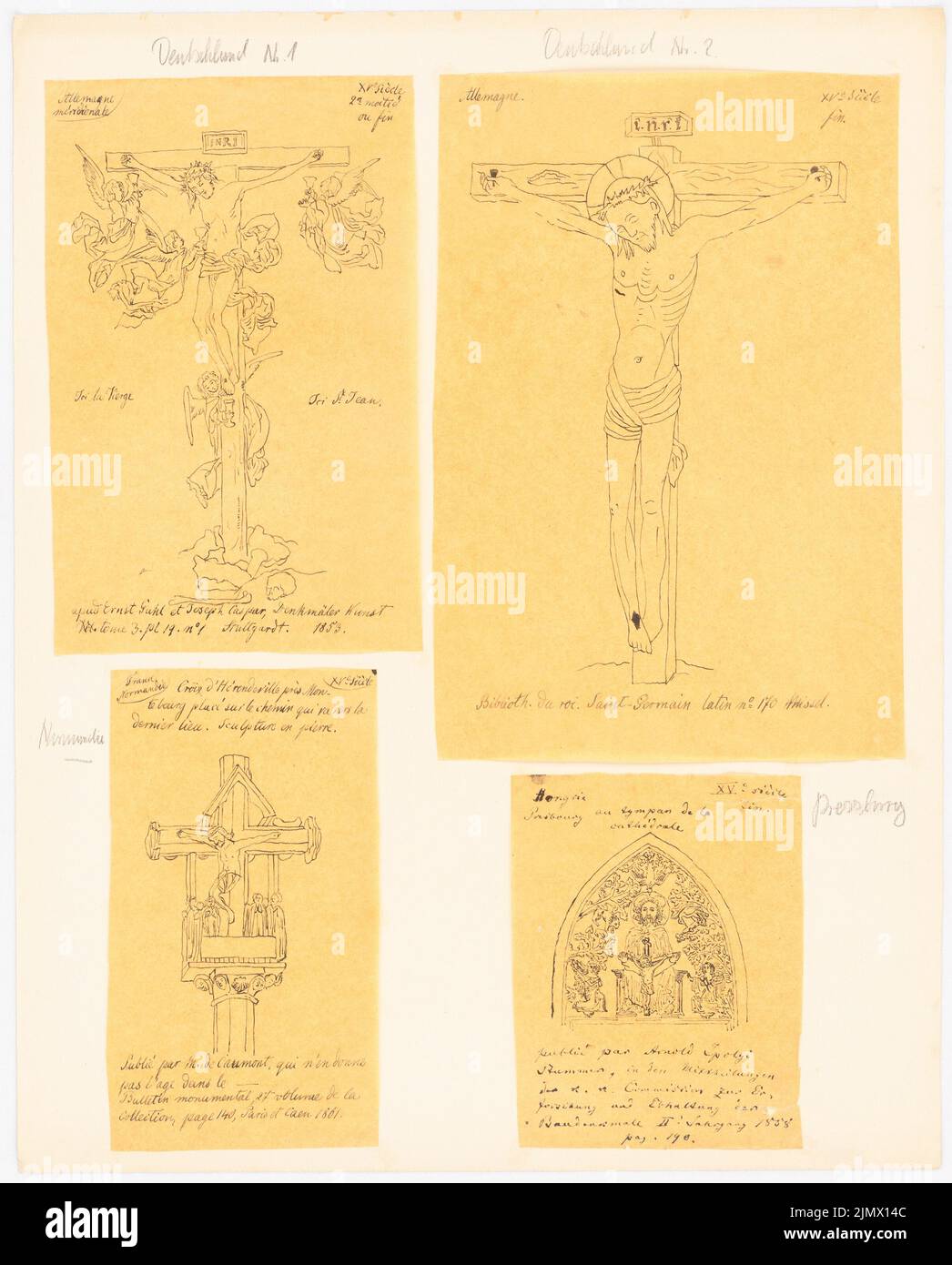 Quast Ferdinand von (1807-1877), Kruzifixe aus dem 15.. Jahrhundert aus Deutschland, Hérendeville (Reneville?) près Montebourg in der Normandie und das Tympanon der Kathedrale in Pressburg (1853, 1861): Ansichten von Kruzibifixen, teilweise aus Stein (vier Blätter mit Neuzeichnungen von: 1. Ernst Guhl und Joseph Caspar, Kunstdenkmäler, 3. B. Tusche auf Transparent, 36,3 x 29,2 cm (inklusive Scankanten) Quast Ferdinand von (1807-1877): Kruzifixe aus dem 15 Jh. Aus Deutschland, Hérendeville (Reneville?) près Montebourg in der Normandie und vom Tympanon der Kathedrale, Pressburg Stockfoto