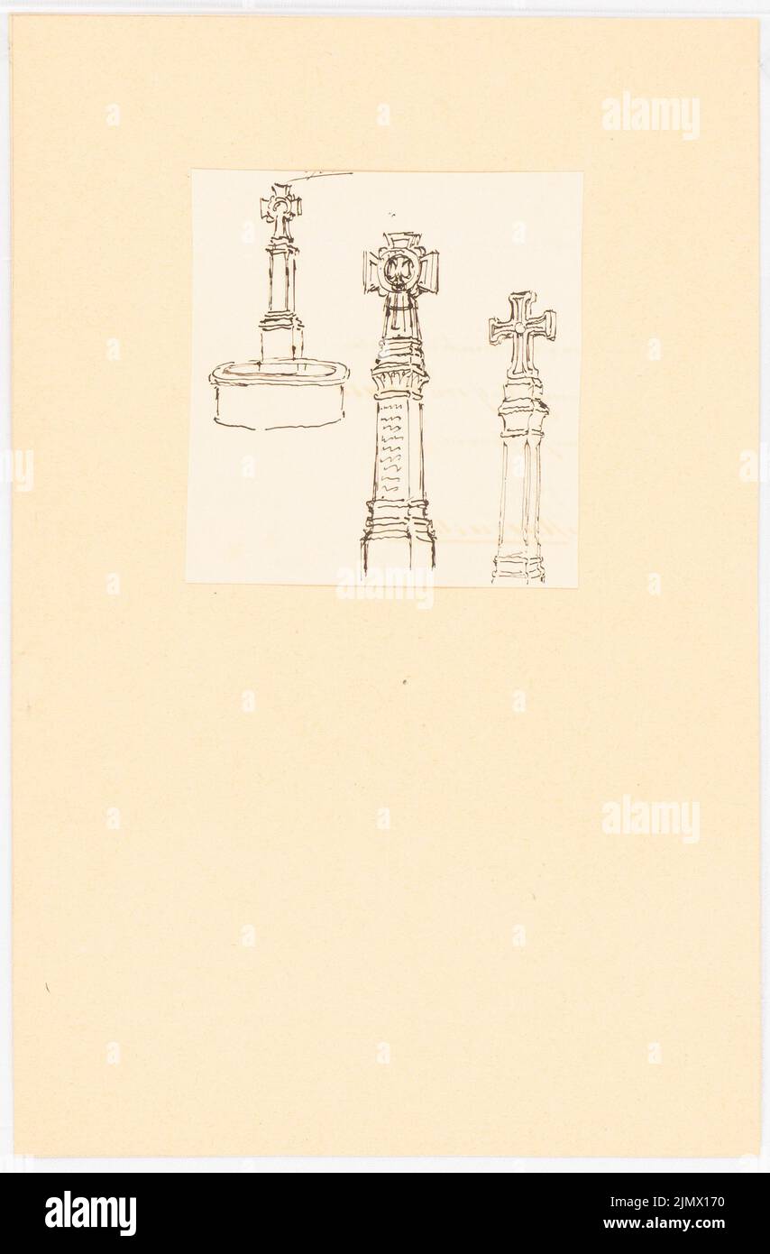 Quast Ferdinand von (1807-1877), drei Monumente mit Pfotenkreuzen (ohne dat.): Ansichten der steinernen Kreuze mit Sockel. Tusche auf Papier, 28,4 x 18,7 cm (inklusive Scankanten) Quast Ferdinand von (1807-1877): Drei Denkmale mit Tatzenenkreuzen Stockfoto