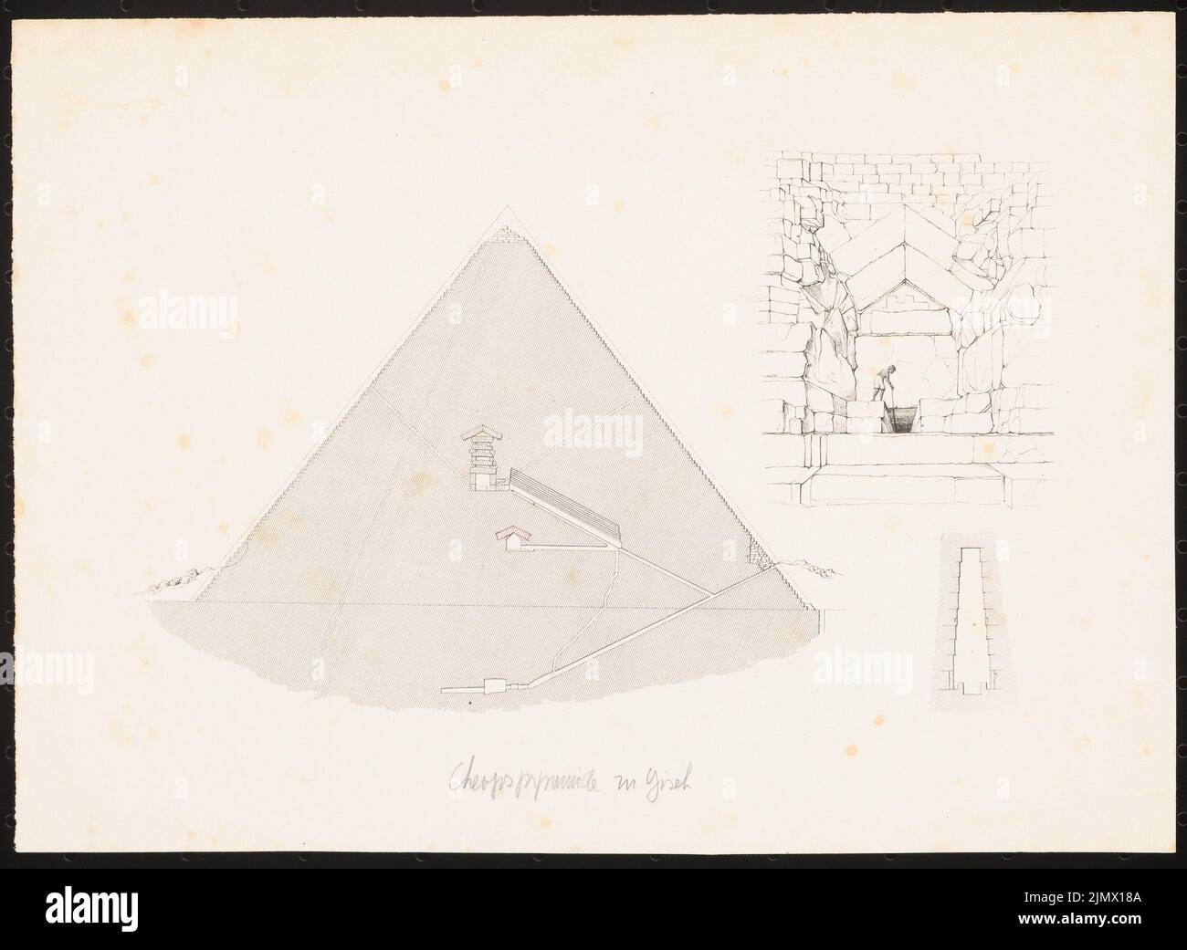 Quast Ferdinand von (1807-1877), Cheops-Pyramide in Gizeh (ohne dat.): Wie Inv.-Nr. 44837,2: Querschnitt mit roter Zeichnung der Konstruktion des unteren Grabfachs, perspektivische Ansicht Türsturz, Zahnradquerschnitt. Druck auf Papier, rote Zeichnung, 17,9 x 24,4 cm (inklusive Scankanten) Quast Ferdinand von (1807-1877): Cheops-Pyramide, Gizeh Stockfoto