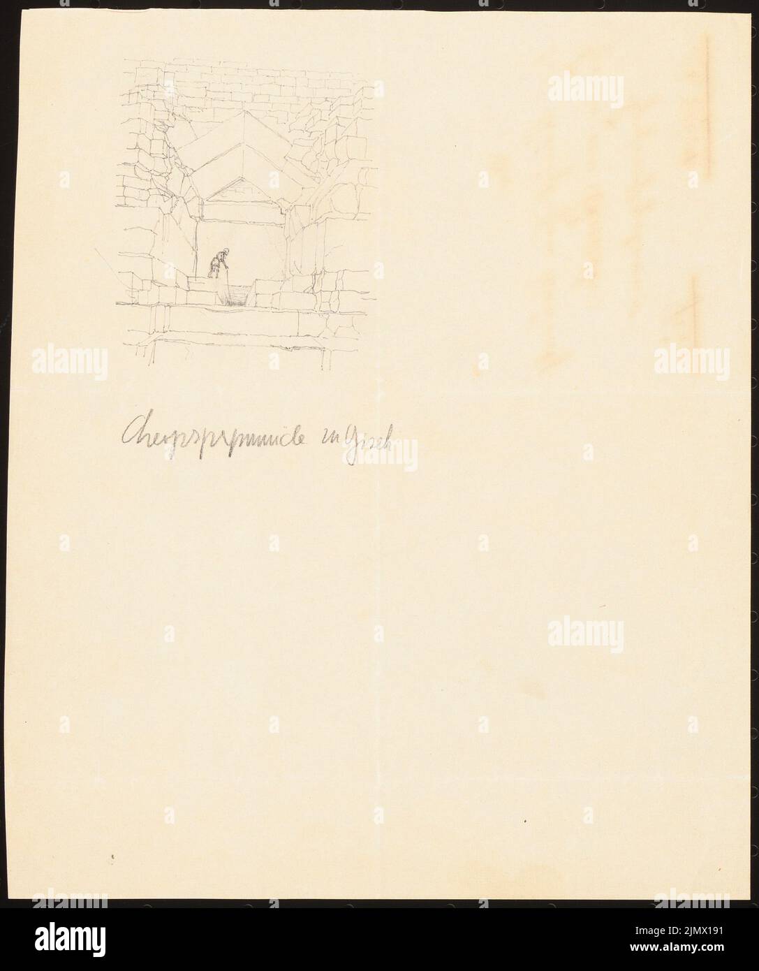 Quast Ferdinand von (1807-1877), Cheops-Pyramide in Gizeh (ohne dat.): Perspektivische Ansicht Türsturz (nachträgliche oder durchdringung, vgl. NRN. 44836 und 44837). Bleistift auf Papier, 21,7 x 18,2 cm (inklusive Scan-Kanten) Quast Ferdinand von (1807-1877): Cheops-Pyramide, Gizeh Stockfoto