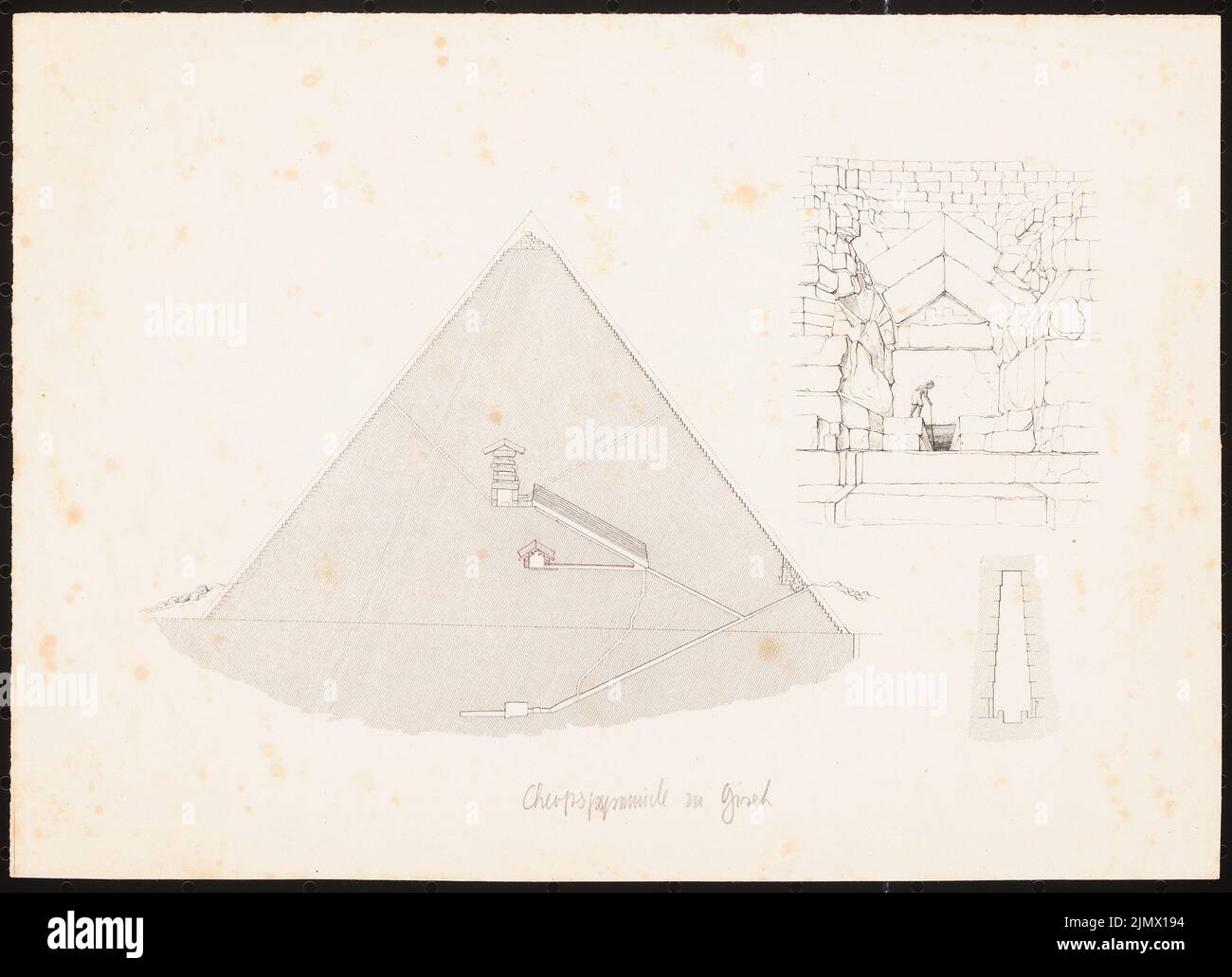 Quast Ferdinand von (1807-1877), Cheops-Pyramide in Gizeh (ohne dat.): Wie Inv.-Nr. 44837,1: Querschnitt mit roter Zeichnung der Konstruktion des unteren Grabfachs, perspektivische Ansicht Türsturz, Zahnradquerschnitt. Druck auf Papier, rote Zeichnung, 17,7 x 24,4 cm (inklusive Scankanten) Quast Ferdinand von (1807-1877): Cheops-Pyramide, Gizeh Stockfoto