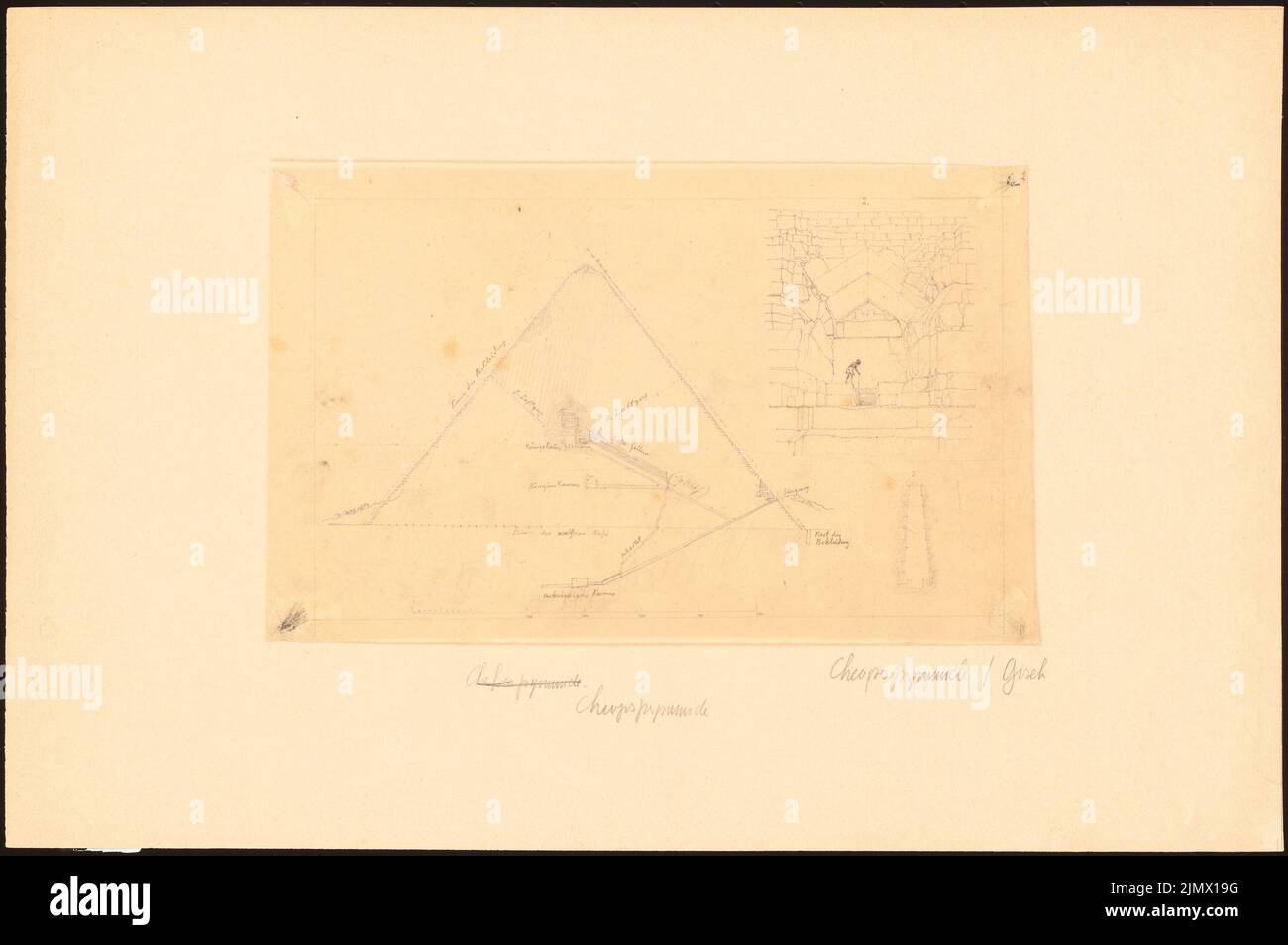 Quast Ferdinand von (1807-1877), Cheops-Pyramide in Gizeh (ohne dat.): Querschnitt mit Namen, Türsturz, Zahnradquerschnitt, Schuppenstreifen (Umzeichnen oder Passieren). Bleistift auf Transparent, 25,2 x 38 cm (inklusive Scan-Kanten) Quast Ferdinand von (1807-1877): Cheops-Pyramide, Gizeh Stockfoto