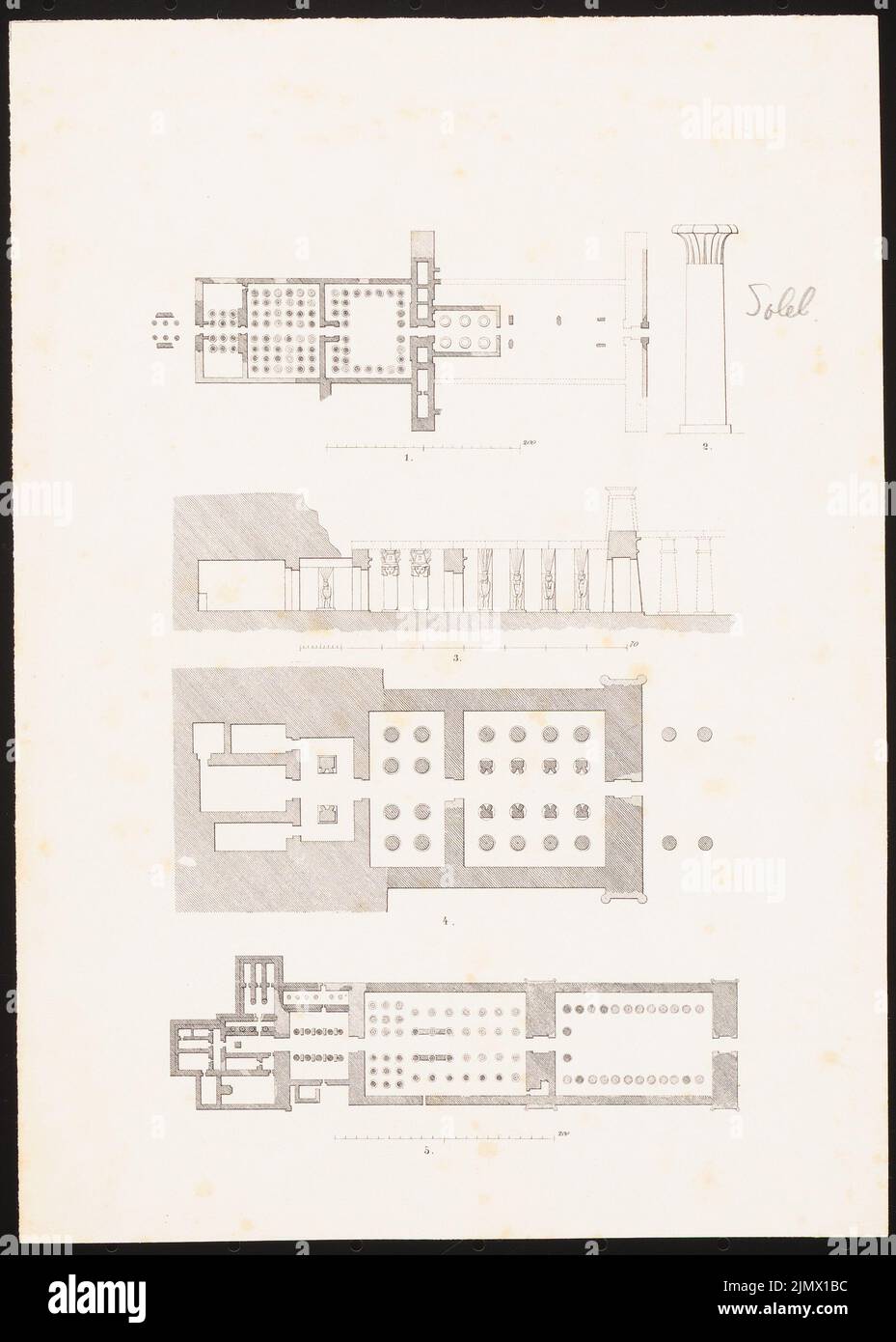 Quast Ferdinand von (1807-1877), Tempel zu Soleb in Ägypten und zwei Felstempel ohne Ort (ohne Datum): Siehe Inv.Nr. 44862, identisch mit Drucknr 44863,2: Grundriß und Säulenprofil, Massstab, Längsschnitt und Grundrisse von zwei anderen Steinen. Druck auf Papier, 24,7 x 17,7 cm (inklusive Scankanten) Quast Ferdinand von (1807-1877): Tempel Soleb in Nubien und zwei Felsentempel Stockfoto