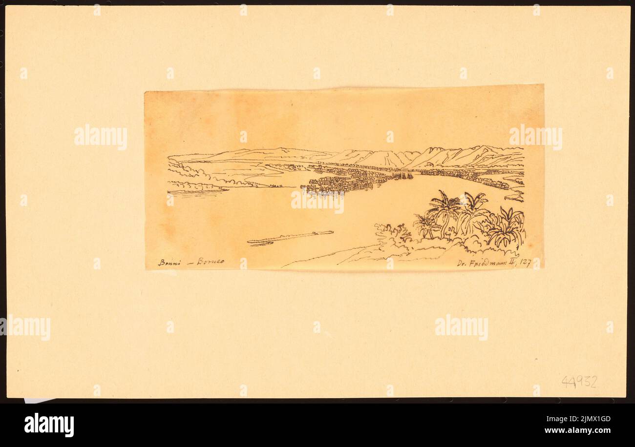 Quast Ferdinand von (1807-1877), Blick auf Bruni, Borneo (1868): Perspektivische Ansicht (Vogelschau) eines großen Pfahldorfes über einen breiten Fluss (vollständig gezeichnet nach Friedmann, siehe: Die ostasiatische Inselwelt. Tusche auf Bannern, 18,2 x 28,5 cm (inklusive Scan-Kanten) Quast Ferdinand von (1807-1877): Blick auf Bruni, Borneo Stockfoto