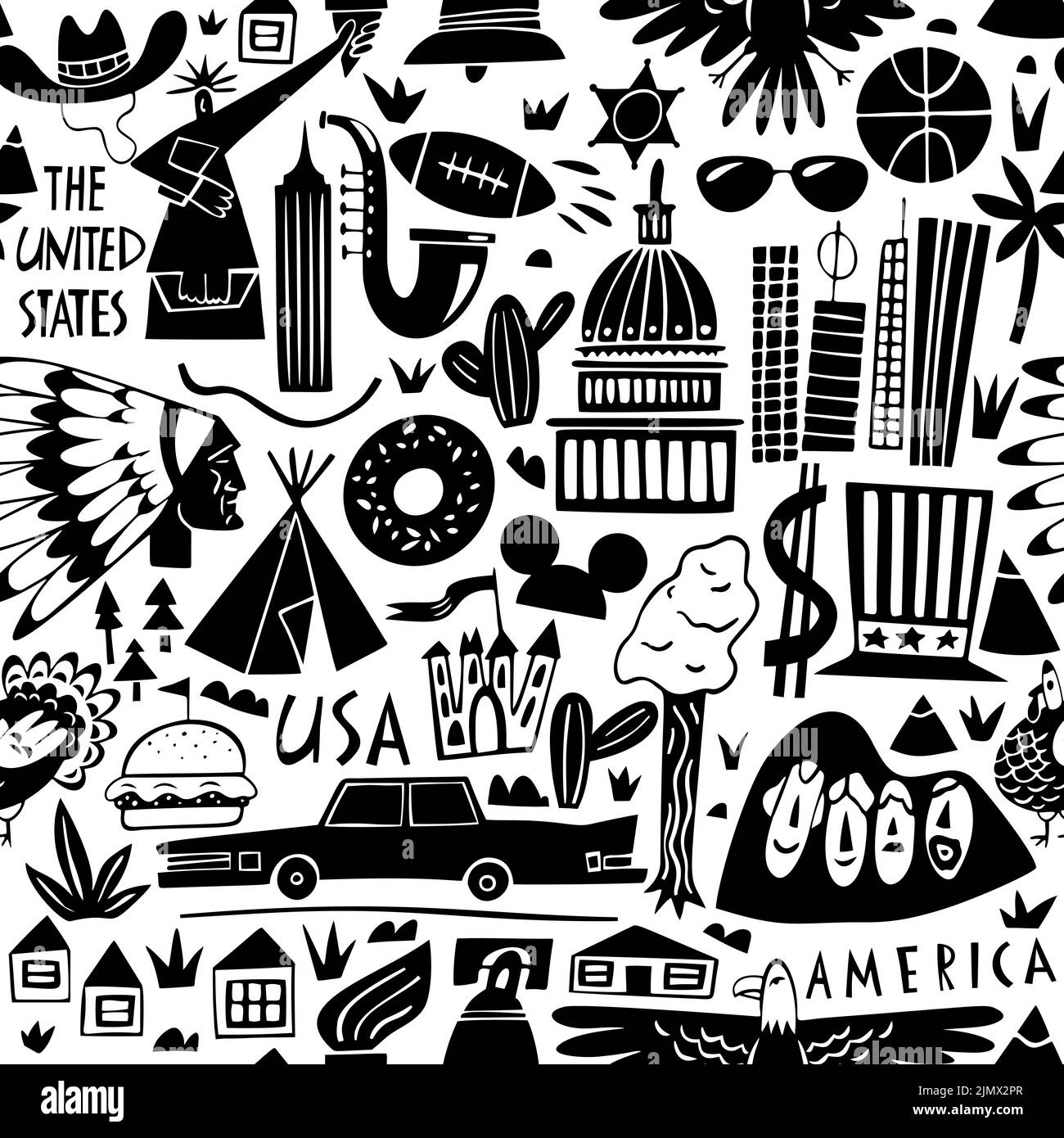 Vektor Hand gezeichnet nahtloses Muster der Vereinigten Staaten von Amerika mit Wahrzeichen. Reisedarstellung der USA. Nordamerika Hintergrund Stock Vektor