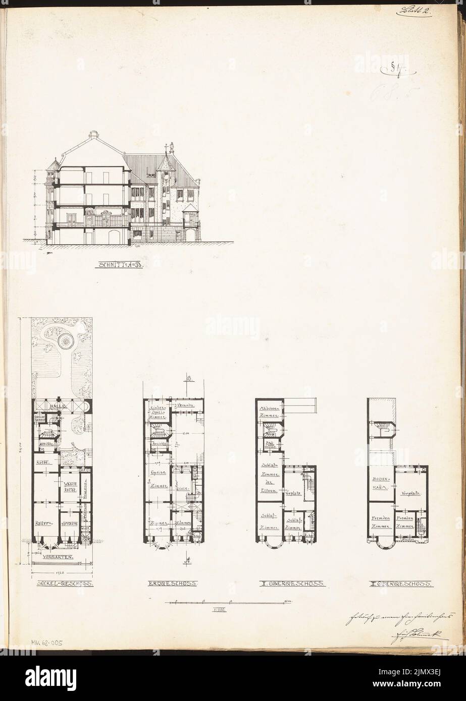 Blunck Erich (1872-1950), Einfamilienhaus. Monatlicher Wettbewerb 1898. Dezember (12,1898): Grundriß Grundgeschoss, Erdgeschoss (Hochparterre), 1.. Und 2.. Obergeschoss, Längsschnitt; Maßstabsbalken. Tinte auf Karton, 60,4 x 42,9 cm (inklusive Scankanten) Blunck Erich (1872-1950): Einfamilienhaus. Monatskurrenz Dezember 1898 Stockfoto