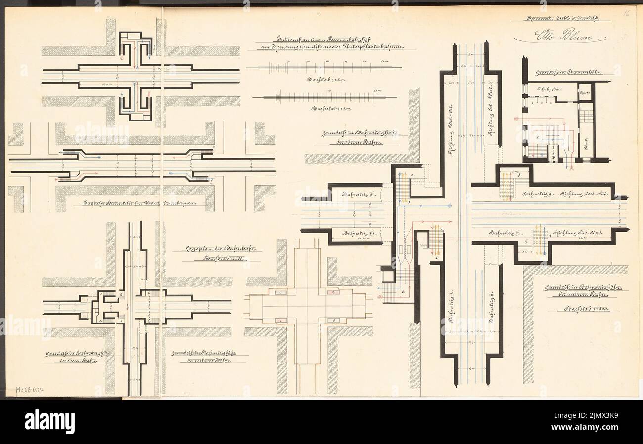 Blum Otto, U-Bahn-Station. Monatlicher Wettbewerb 1900. März (03,1900): 2 Grundrisse 1: 500; 2 Grundrisse 1: 500; Grundrisse 3 Ebene 1: 200; Streifen im Maßstab 2. Tinte auf Karton, mit Bleistift ergänzt, 42,8 x 68,6 cm (inklusive Scankanten) Blum Otto : U-Bahnhof. Monatskurrenz März 1900 Stockfoto
