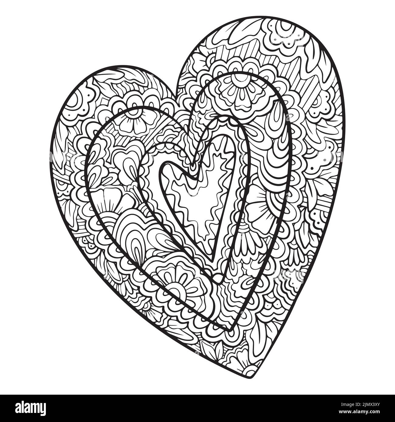 Vektor handgezeichnete schwarze Herzen im zentangle Stil. Zen Doodle Muster für ausmalen. Valentinstag Hintergrund. Färbung monochrome Seite für Stock Vektor