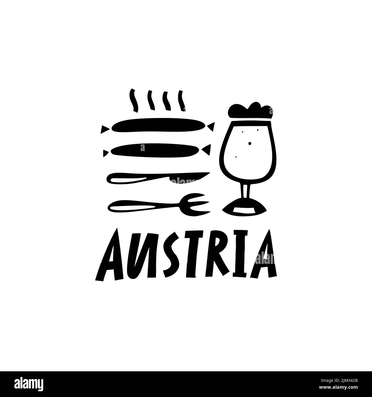 Vektor Handgezeichnetes Symbol von Österreich. Reisebilder österreichischer Schilder. Handgezeichnete Schriftzüge. Wahrzeichen-Logo Stock Vektor