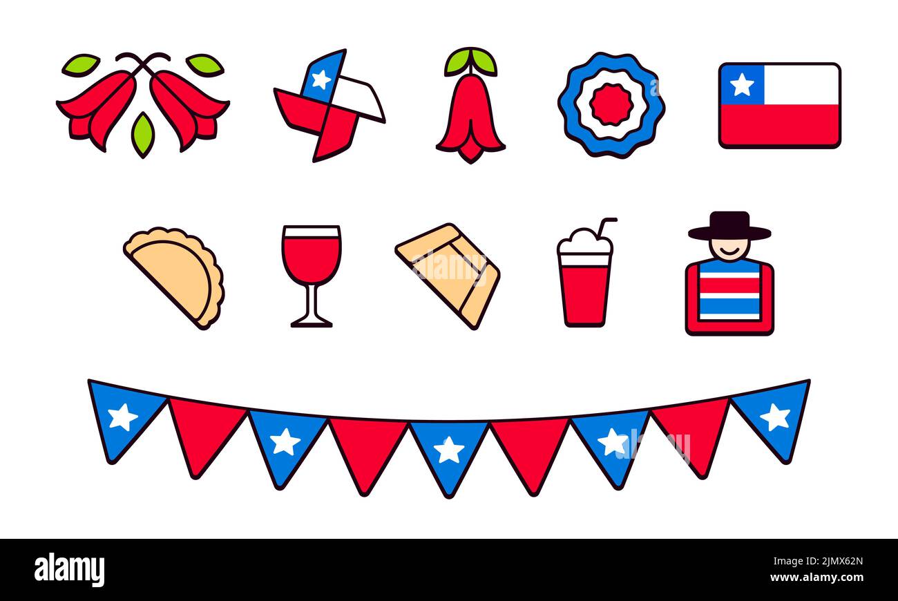 Chile Icon-Set. Traditionelle chilenische Nationalsymbole für den Unabhängigkeitstag von Fiestas Patrias (Dieciocho) in Chile. Nette und einfache Cartoon-Linie Symbole. Stock Vektor