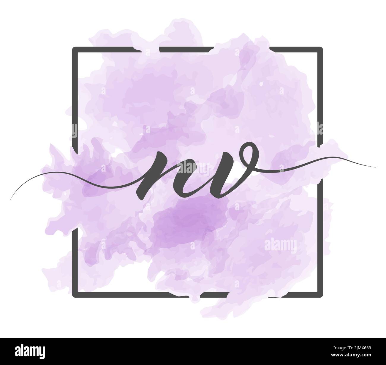 Die kalligrafischen Kleinbuchstaben N und V werden in einer durchgehenden Linie auf einem farbigen Hintergrund in einem Rahmen geschrieben Stock Vektor