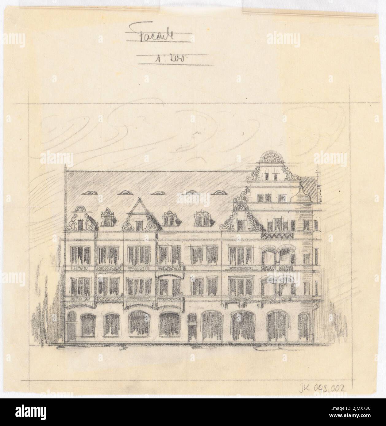 Klomp Johannes Franziskus (1865-1946), Hausgruppe W. Bullermann, Münster (1903-1903): Blick auf die Fassade 1: 200. Bleistift auf Transparent, 24,4 x 23,6 cm (inklusive Scankanten) Klomp Johannes Franziskus (1865-1946): Wohnhausgruppe W. Bullermann, Münster Stockfoto