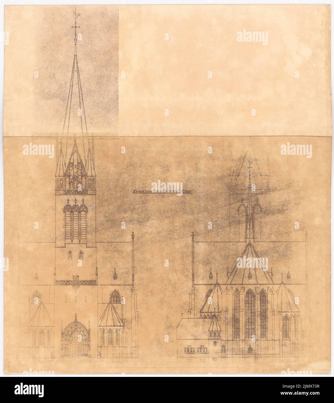 Klomp Johannes Franziskus (1865-1946), St. Barbara (Erweiterung), Dortmund-Eving (01.04.1903): Vorder- und Choransicht (1: 100). Leichter Bruch auf Karton, 94,1 x 83,6 cm (inklusive Scankanten) Klomp Johannes Franziskus (1865-1946): St. Barbara, Dortmund-Eving. Erweiterning Stockfoto