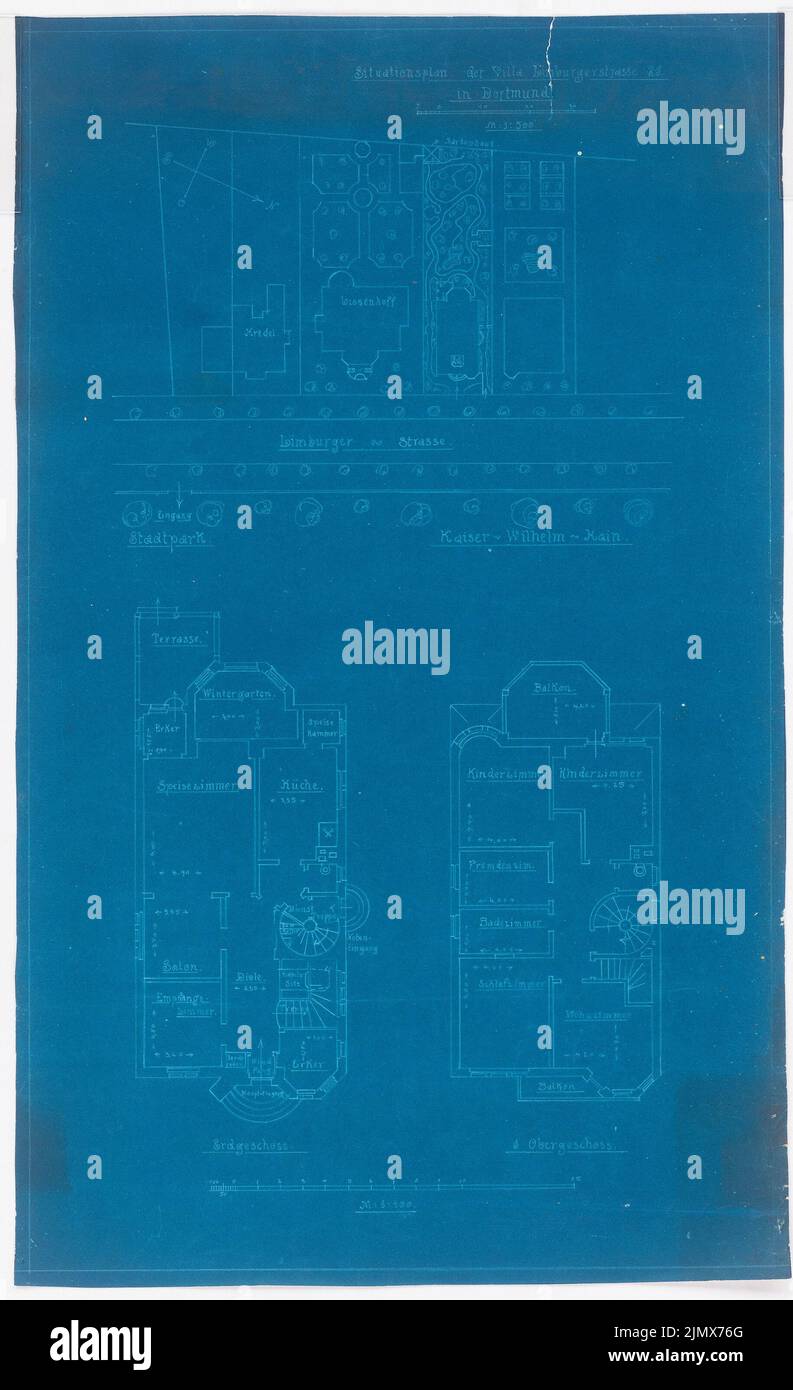 Klomp Johannes Franziskus (1865-1946), Klomp, Dortmund (1904-1905): Lageplan, Lageplan Erdgeschoss und Obergeschoss 1: 100 (Entwurf 2.). Blaupause auf Papier, 56,5 x 34,5 cm (inklusive Scan-Kanten) Klomp Johannes Franziskus (1865-1946): Wohnhaus Klomp, Dortmund Stockfoto