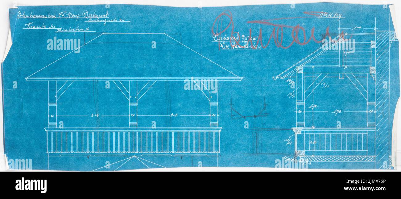 Klomp Johannes Franziskus (1865-1946), Klomp, Dortmund Wohnhaus (09.03.1905): Blick und Schnitt der Veranda auf der Gartenseite. Bleistift über Blaupause auf Papier, 23,9 x 55,7 cm (inklusive Scankanten) Klomp Johannes Franziskus (1865-1946): Wohnhaus Klomp, Dortmund Stockfoto