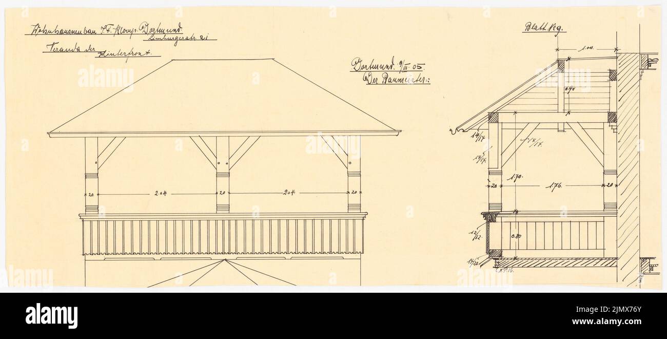 Klomp Johannes Franziskus (1865-1946), Klomp, Dortmund Wohnhaus (09.03.1905): Blick und Schnitt der Veranda auf der Gartenseite. Tusche auf Transparent, 25 x 57 cm (inklusive Scankanten) Klomp Johannes Franziskus (1865-1946): Wohnhaus Klomp, Dortmund Stockfoto