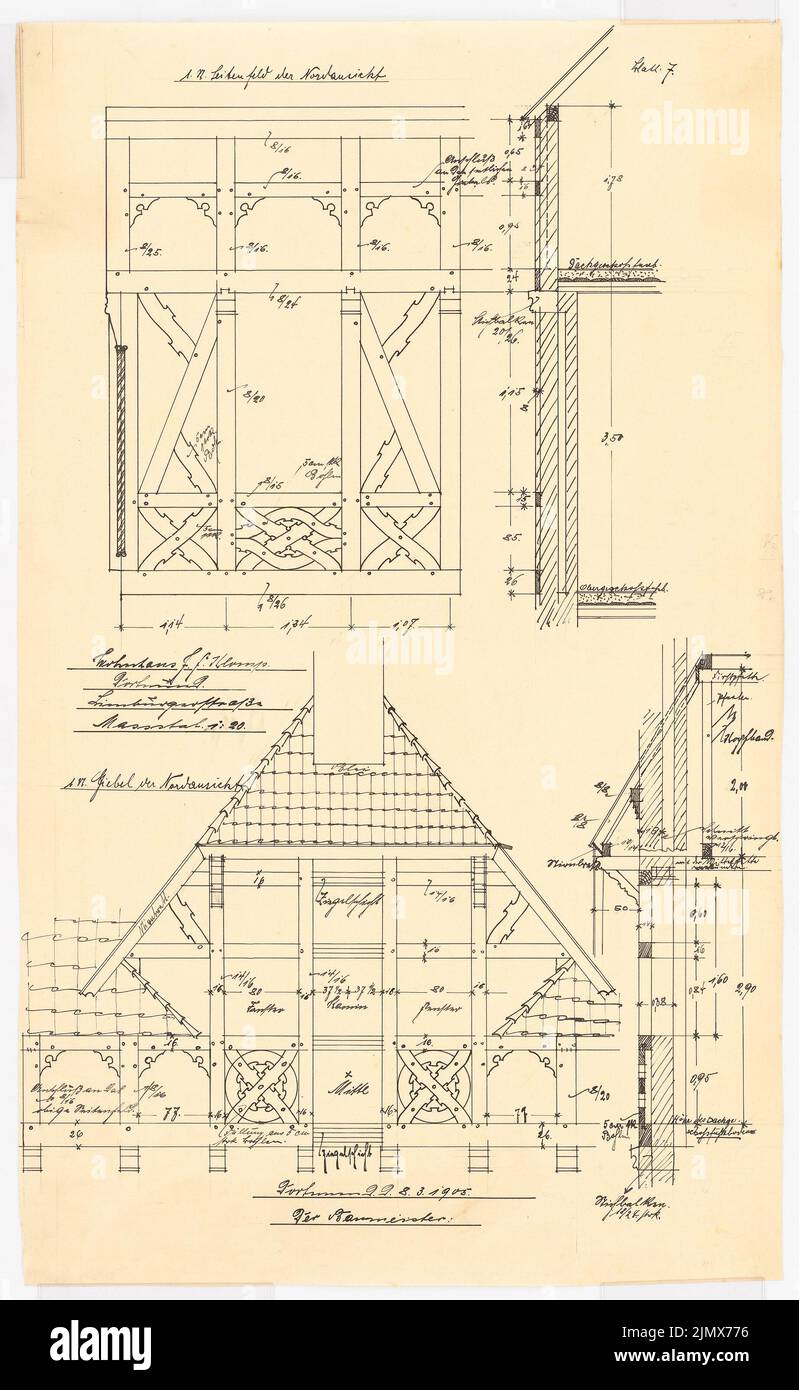 Klomp Johannes Franziskus (1865-1946), Klomp, Dortmund Wohngebäude (08.03.1905): Detailansicht und Schnitt des Seitenfeldes und des Giebel der Nordansicht 1:20. Tusche auf Transparent, 69,6 x 42,9 cm (inklusive Scankanten) Klomp Johannes Franziskus (1865-1946): Wohnhaus Klomp, Dortmund Stockfoto