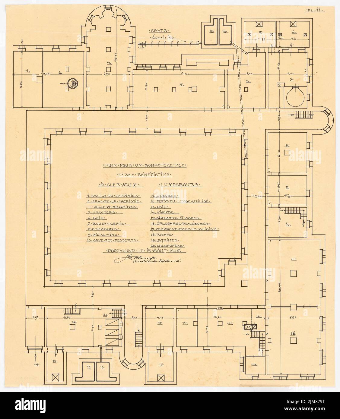 Klomp Johannes Franziskus (1865-1946), Benedictier Abbey St. Mauritius, Clerf (Clervaux), Luxemburg (15. August 1908): Grundriß des Kellers (Vorprojekt 2.) 1: 100. Tusche auf Transparent, 60,5 x 52,5 cm (inklusive Scankanten) Klomp Johannes Franziskus (1865-1946): Benedektinerabtei St. Mauritius, Clerf (Clervaux) Stockfoto