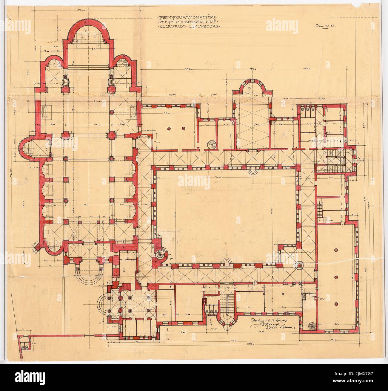 Klomp Johannes Franziskus (1865-1946), Benedictine Abbey St. Mauritius, Clerf (Cllervaux), Luxemburg (12. November 1908): Grundriß Erdgeschoss (1: 100). Tusche, Bleistift wasserfarben auf transparent, 77,6 x 82,9 cm (inklusive Scankanten) Klomp Johannes Franziskus (1865-1946): Benedektinerabtei St. Mauritius, Clerf (Clervaux) Stockfoto