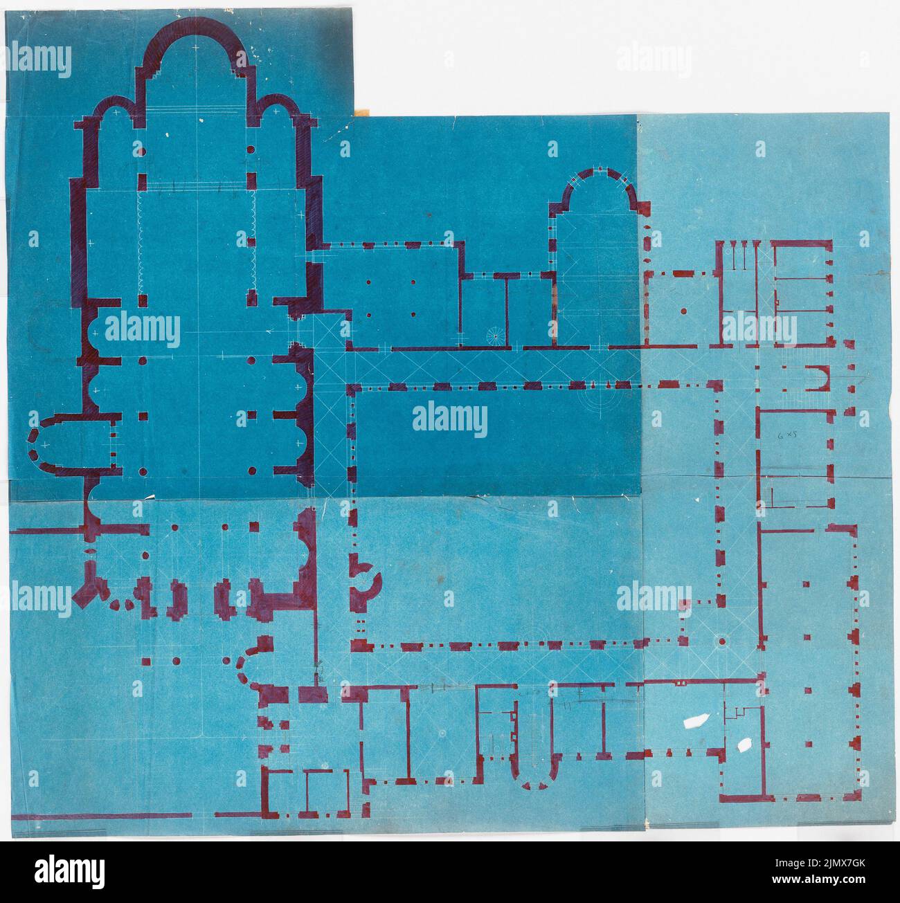 Klomp Johannes Franziskus (1865-1946), Benedictine Abbey St. Mauritius, Clerf (Cllervaux), Luxemburg (1908-1914): Grundriß Erdgeschoss (1: 100). Bleistift Aquarell, über Blaupause auf Papier, 75,8 x 81,1 cm (inklusive Scankanten) Klomp Johannes Franziskus (1865-1946): Benedektinerabtei St. Mauritius, Clerf (Clervaux) Stockfoto