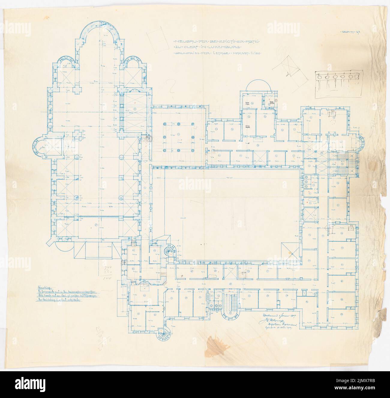 Klomp Johannes Franziskus (1865-1946), Benediktinerabtei St. Mauritius, Clerf (Cllervaux), Luxemburg (01.01.1909): Grundriß des ersten Stockwerks 1: 100. Bleistift über Blaupause auf Papier, 80,9 x 85,2 cm (inklusive Scankanten) Klomp Johannes Franziskus (1865-1946): Benedektinerabtei St. Mauritius, Clerf (Clervaux) Stockfoto