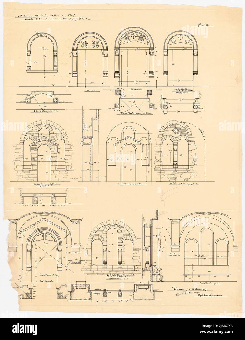 Klomp Johannes Franziskus (1865-1946), Benediktinerabtei St. Mauritius, Clerf (Cllervaux), Luxemburg (12.03.1909): Detail der unteren Kreuzgang-Portale, Grundrisse, Ansichten, Schnitte 1:20. Tinte, Bleistift auf Transparent, 99,3 x 76,5 cm (inklusive Scankanten) Klomp Johannes Franziskus (1865-1946): Benedektinerabtei St. Mauritius, Clerf (Clervaux) Stockfoto