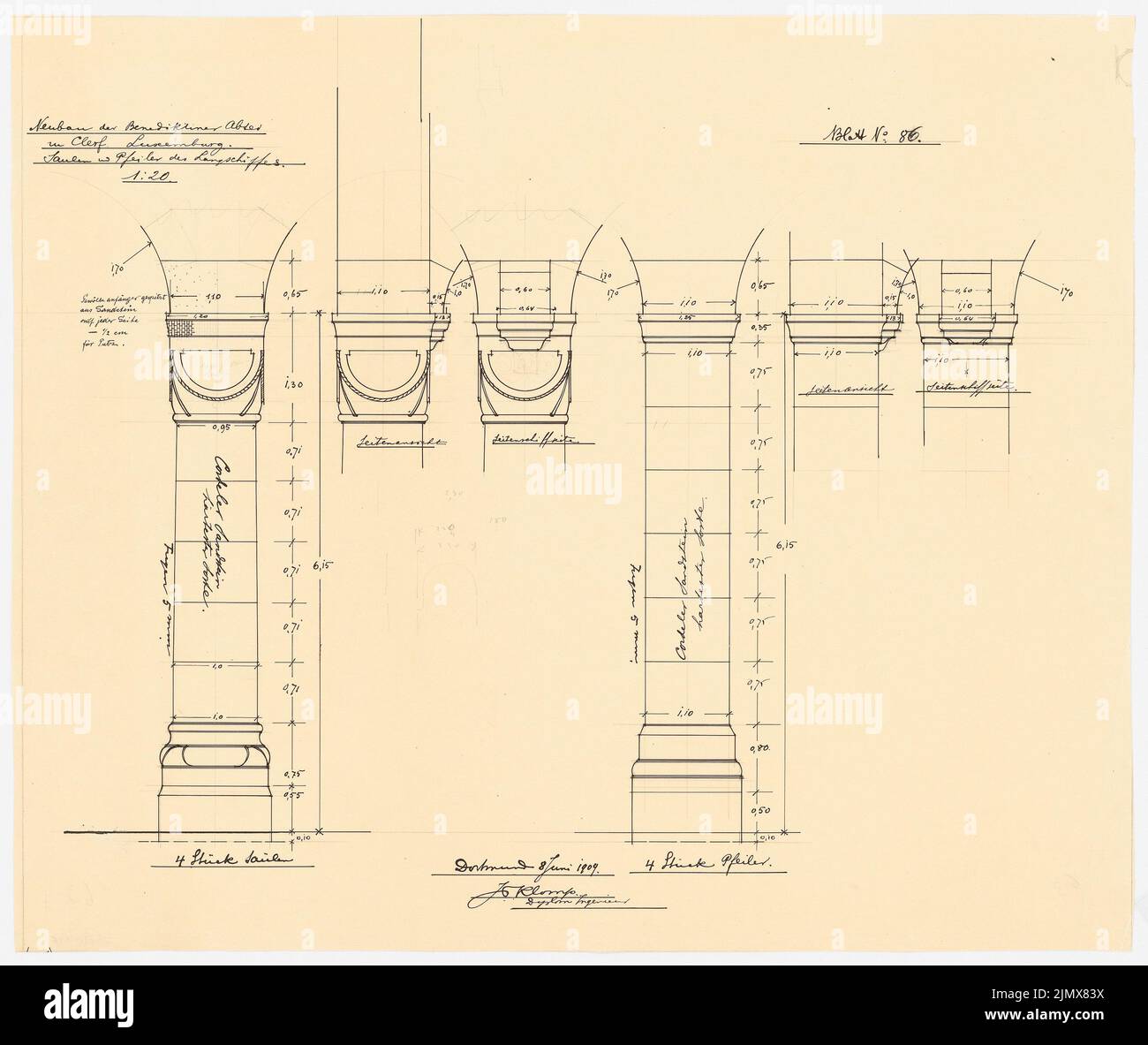 Klomp Johannes Franziskus (1865-1946), Benedictier Abbey St. Mauritius, Clerf (Clervaux), Luxemburg (8. Juni 1909): Säulen und Säulen des langen Schiffes, Ansichten 1:20. Tinte, Bleistift auf Transparent, 57 x 67,8 cm (inklusive Scankanten) Klomp Johannes Franziskus (1865-1946): Benedektinerabtei St. Mauritius, Clerf (Clervaux) Stockfoto