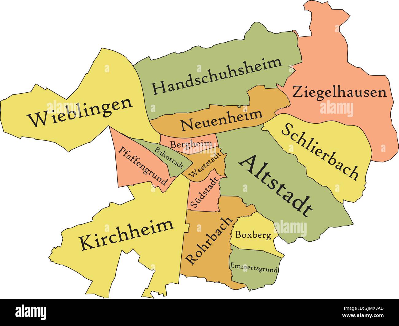 Pastell getaggte Stadtteile Karte von HEIDELBERG, DEUTSCHLAND Stock Vektor