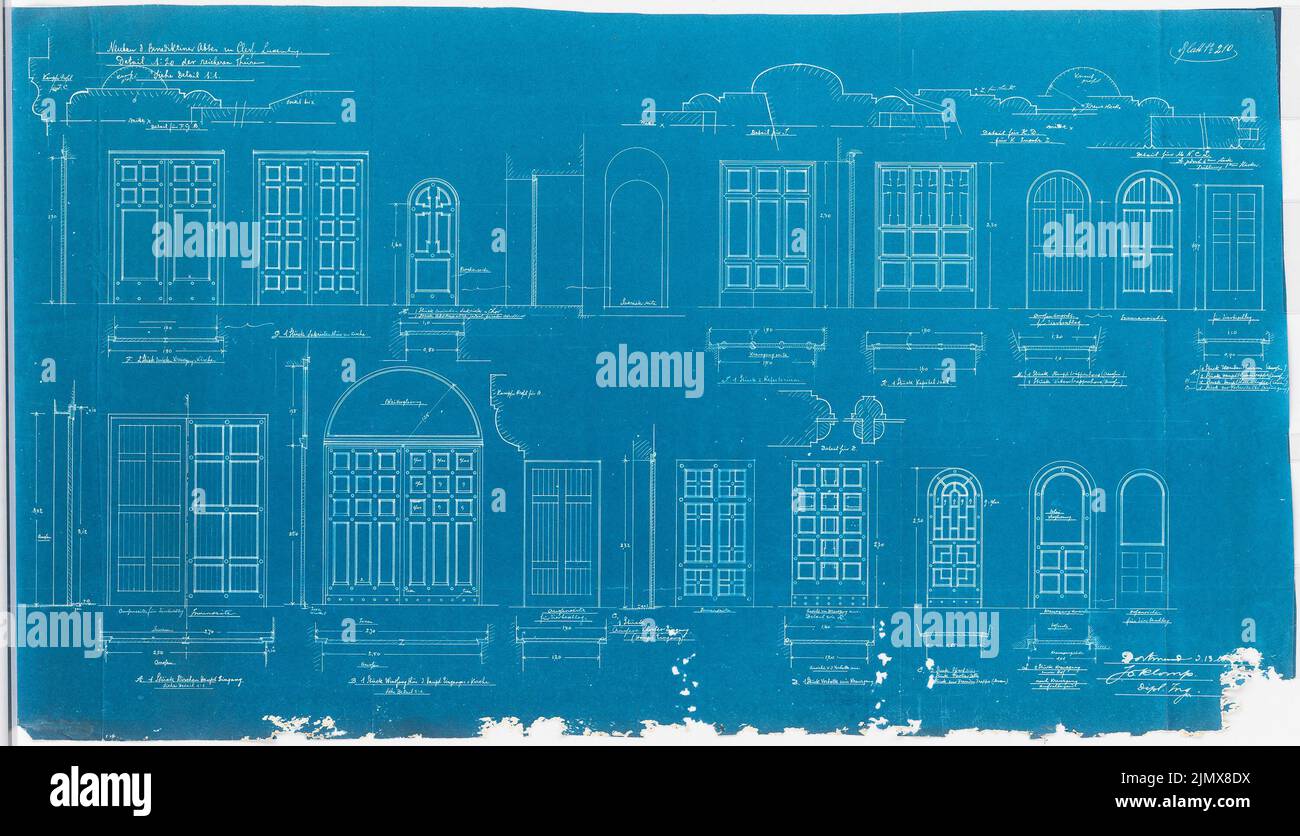 Klomp Johannes Franziskus (1865-1946), Benedictier Abbey St. Mauritius, Clerf (Clervaux), Luxemburg (13. Mai 1910): Detail der reicheren Türen, Grundrisse, Ansichten und Schnitte 1:20. Blaupause auf Papier, 58,3 x 101,6 cm (inklusive Scankanten) Klomp Johannes Franziskus (1865-1946): Benedektinerabtei St. Mauritius, Clerf (Clervaux) Stockfoto