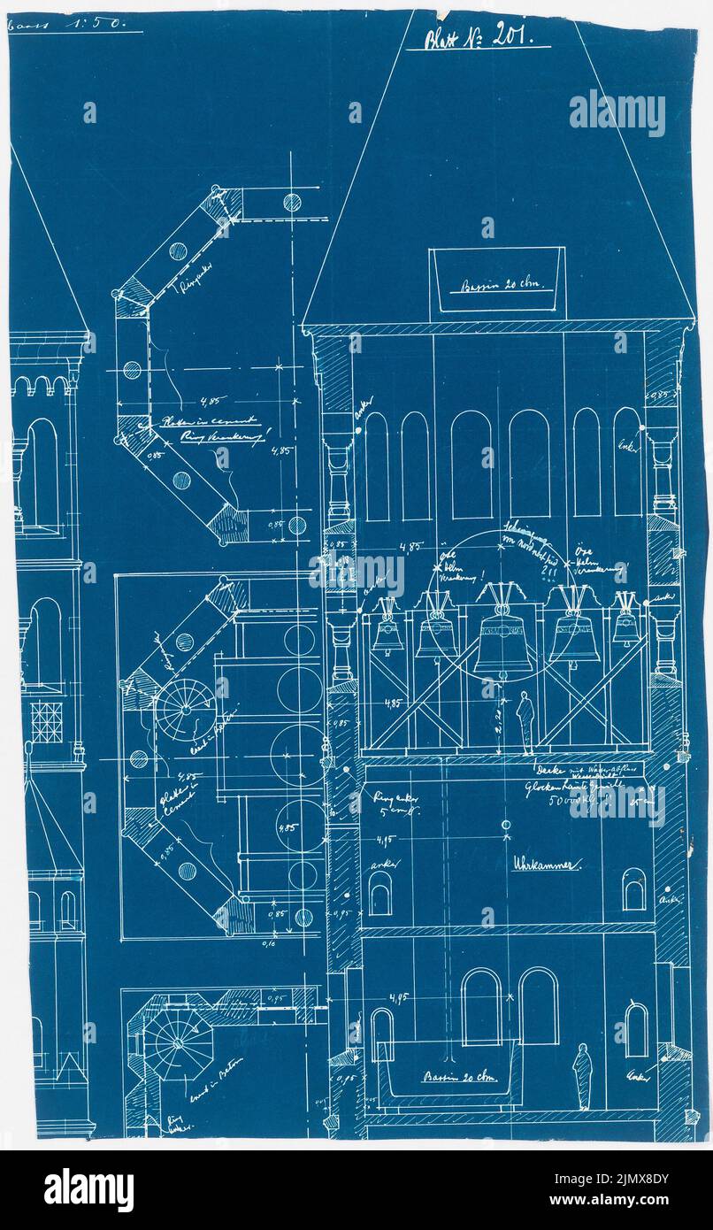 Klomp Johannes Franziskus (1865-1946), Benedictine Abbey St. Mauritius, Clerf (Cllervaux), Luxemburg (03,1910): Oberer Teil des Hauptturms, Grundriß, Ansicht und Schnitt 1:50 (Schnitt). Blaupause auf Papier, 62,2 x 38,6 cm (inklusive Scankanten) Klomp Johannes Franziskus (1865-1946): Benedektinerabtei St. Mauritius, Clerf (Clervaux) Stockfoto