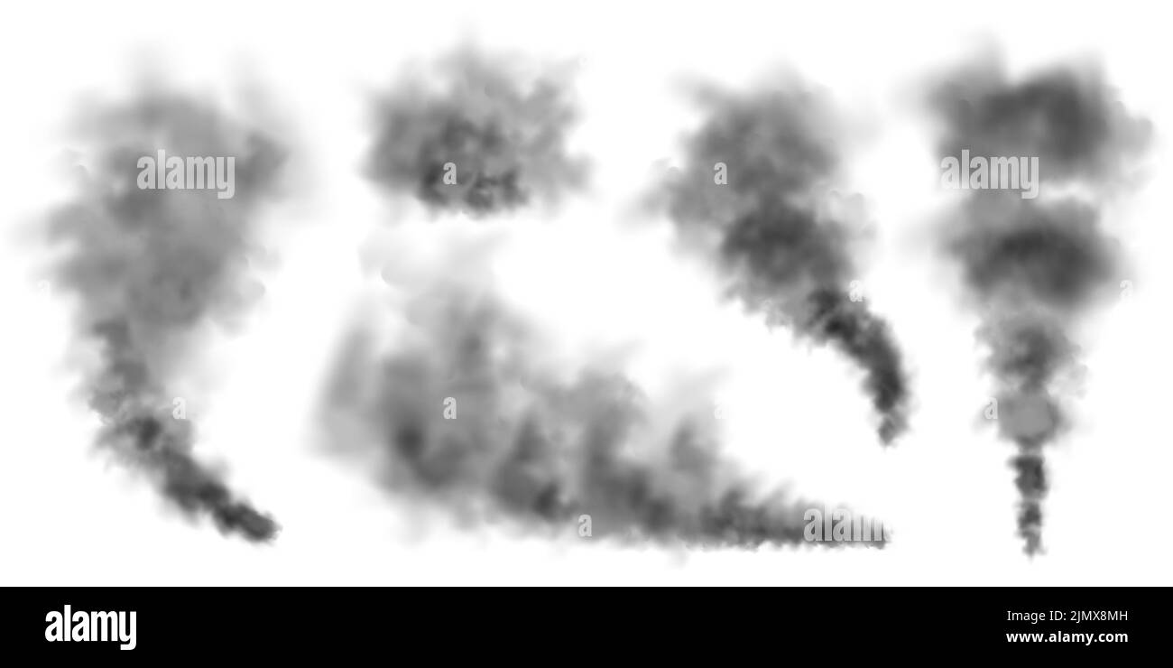 Schwarzer realistischer Rauch, Staubwolken isoliert auf weißem Hintergrund. Verschmutzter, verschmutzter Smog oder Nebel. Luftverschmutzung, Nebelwirkung. Rauch durch Feuer oder Explosion Stock Vektor