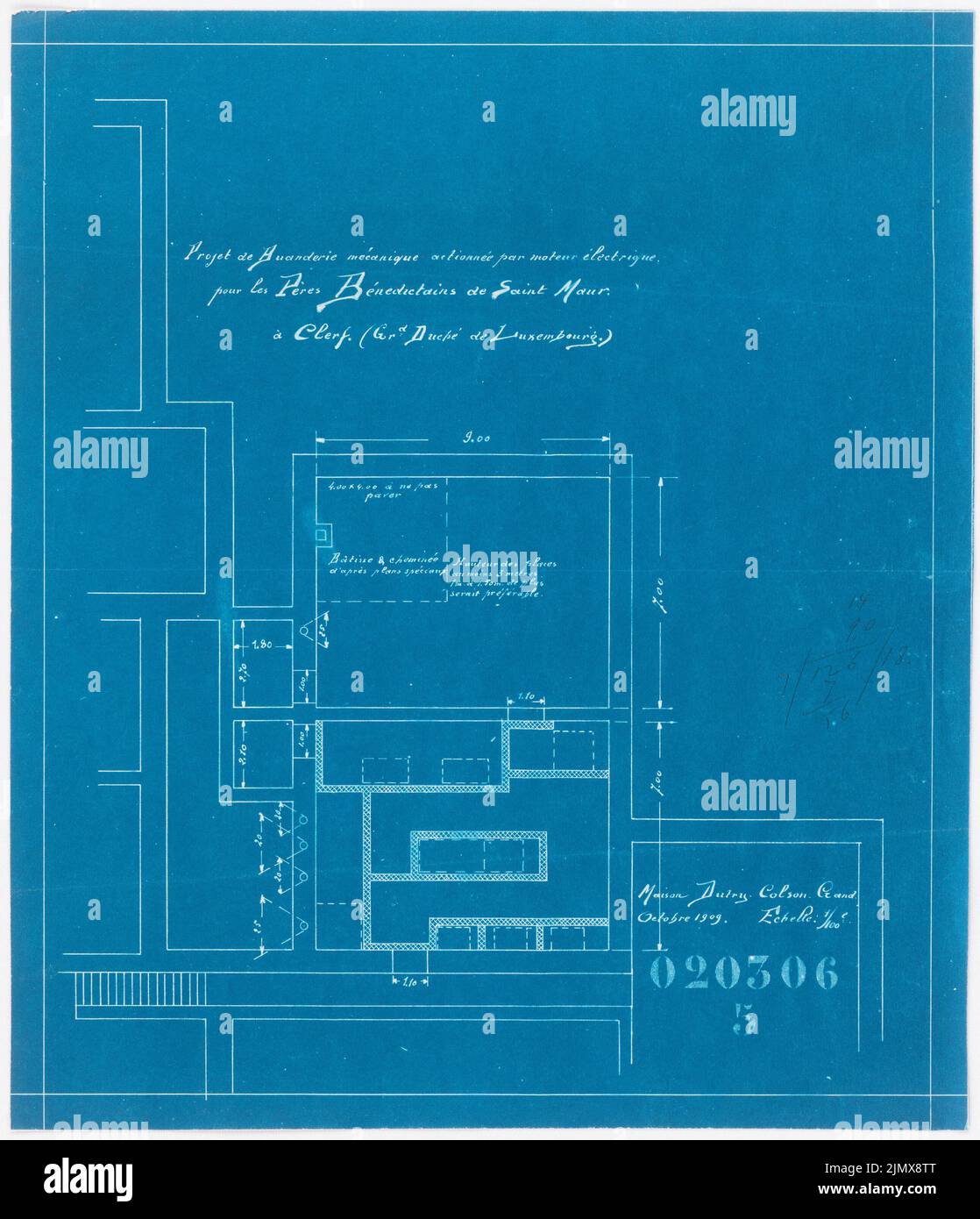 Klomp Johannes Franziskus (1865-1946), Benedictine Abbey St. Mauritius, Clerf (Cllervaux), Luxemburg (10,1909): Elektrische Wäscherei, Grundriß 1: 100. Blaupause auf Papier, 34,5 x 29,7 cm (inklusive Scankanten) Klomp Johannes Franziskus (1865-1946): Benedektinerabtei St. Mauritius, Clerf (Clervaux) Stockfoto