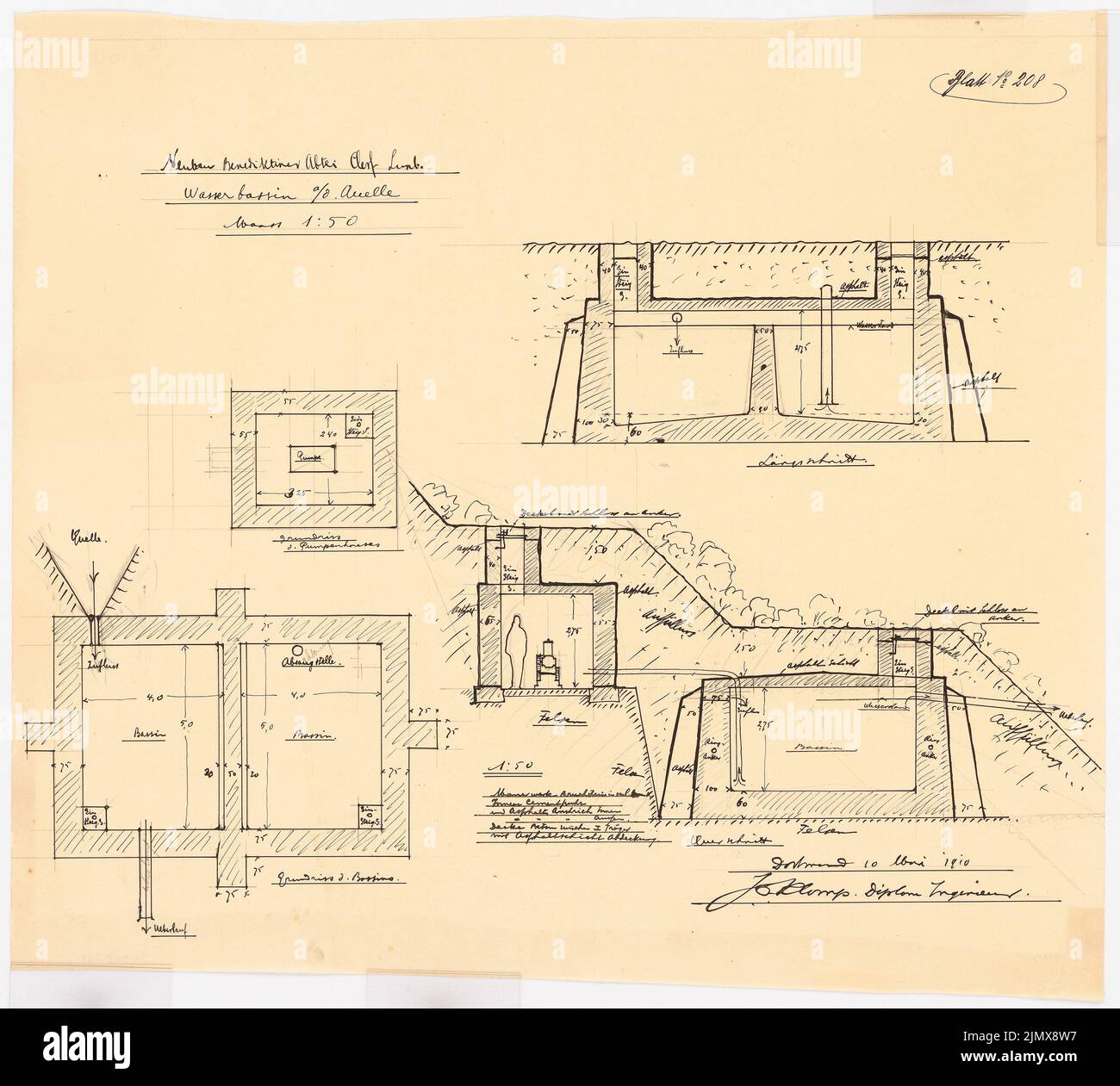 Klomp Johannes Franziskus (1865-1946), Abtei Benedectier St. Mauritius, Clerf (Clervaux), Luxemburg (10. Mai 1910): Wasserbecken an der Quelle, Grundrisse und Schnitte 1:50. Tinte, Bleistift auf Transparent, 54,2 x 60,1 cm (inklusive Scankanten) Klomp Johannes Franziskus (1865-1946): Benedektinerabtei St. Mauritius, Clerf (Clervaux) Stockfoto