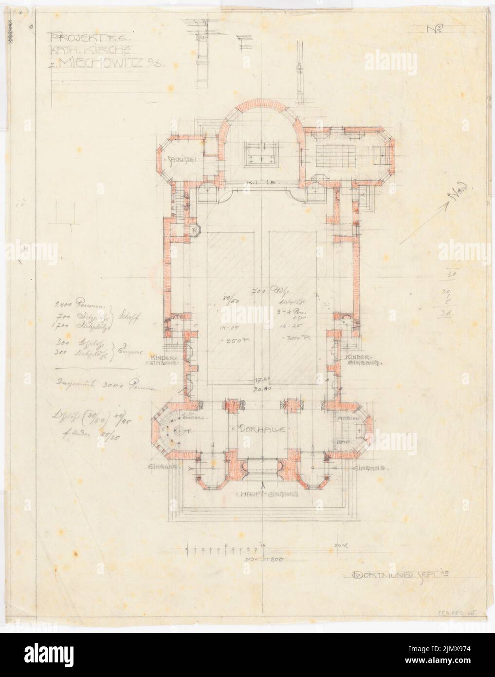 Klomp Johannes Franziskus (1865-1946), Kirche und Pfarrhaus, Miechowitz (09,1910): Grundriß 1: 200. Bleistift, farbiger Bleistift auf Transparent, 41,7 x 32,6 cm (inklusive Scankanten) Klomp Johannes Franziskus (1865-1946): Kirche und Pfarrhaus, Miechowitz Stockfoto