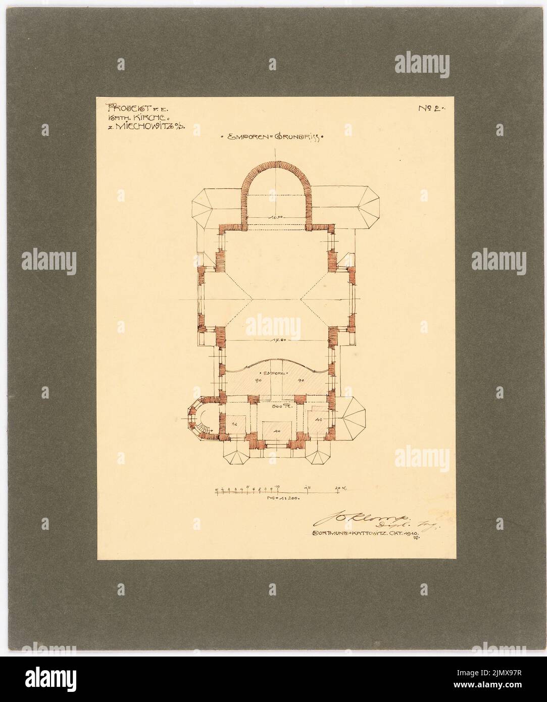 Klomp Johannes Franziskus (1865-1946), Kirche und Pfarrhaus, Miechowitz (10,1910): Gern Grundriß 1: 200 (Blatt 2). Tusche, Bleistift, Farbstift auf Papier, auf Karton, 55,7 x 46,4 cm (inklusive Scankanten) Klomp Johannes Franziskus (1865-1946): Kirche und Pfarrhaus, Miechowitz Stockfoto