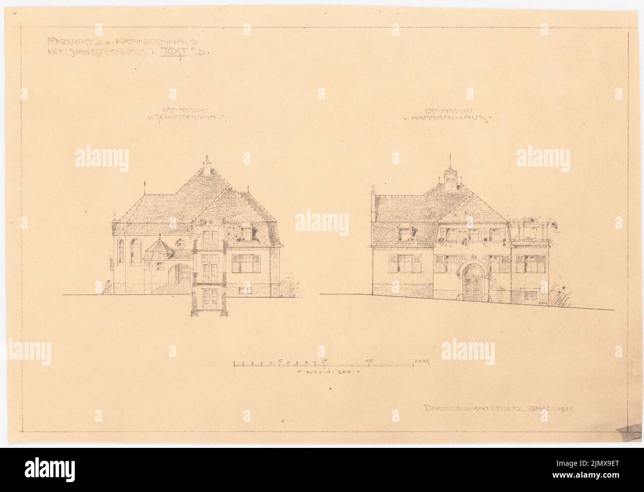 Klomp Johannes Franziskus (1865-1946), Krankenhaus, Tost (01,1911): Eastern view Schwesternhaus und Krankenhaus 1: 200. Leichter Bruch auf Papier, 24,7 x 35,5 cm (inklusive Scankanten) Klomp Johannes Franziskus (1865-1946): Krankenhaus, Tost Stockfoto