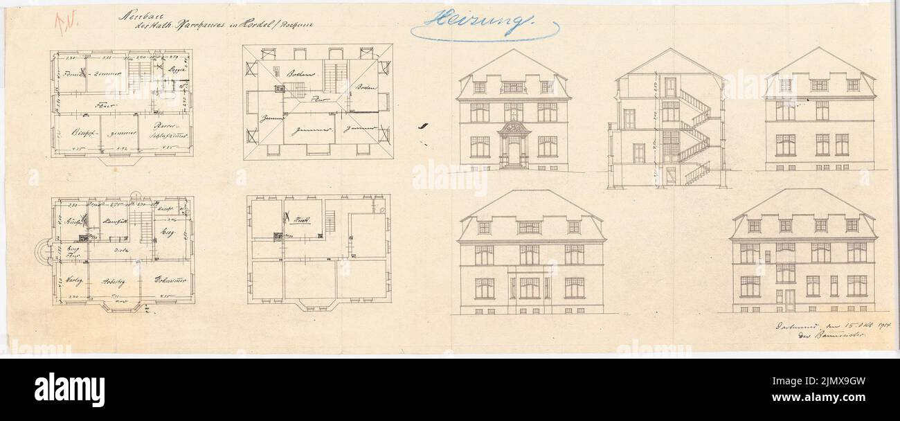 Klomp Johannes Franziskus (1865-1946), Pfarrhaus (und Entwurf einer Kirche), Bochum-Hordel (15. Oktober 1914): Grundriß Erdgeschoss, Keller, Ober- und Dachgeschoss, Blick auf alle Seiten und Querschnitt (1: 100). Tusche über einem Bruch auf Papier, 39,4 x 98,9 cm (inklusive Scankanten) Klomp Johannes Franziskus (1865-1946): Pfarrhaus (und Entwurf für eine Kirche), Bochum-Hordel Stockfoto