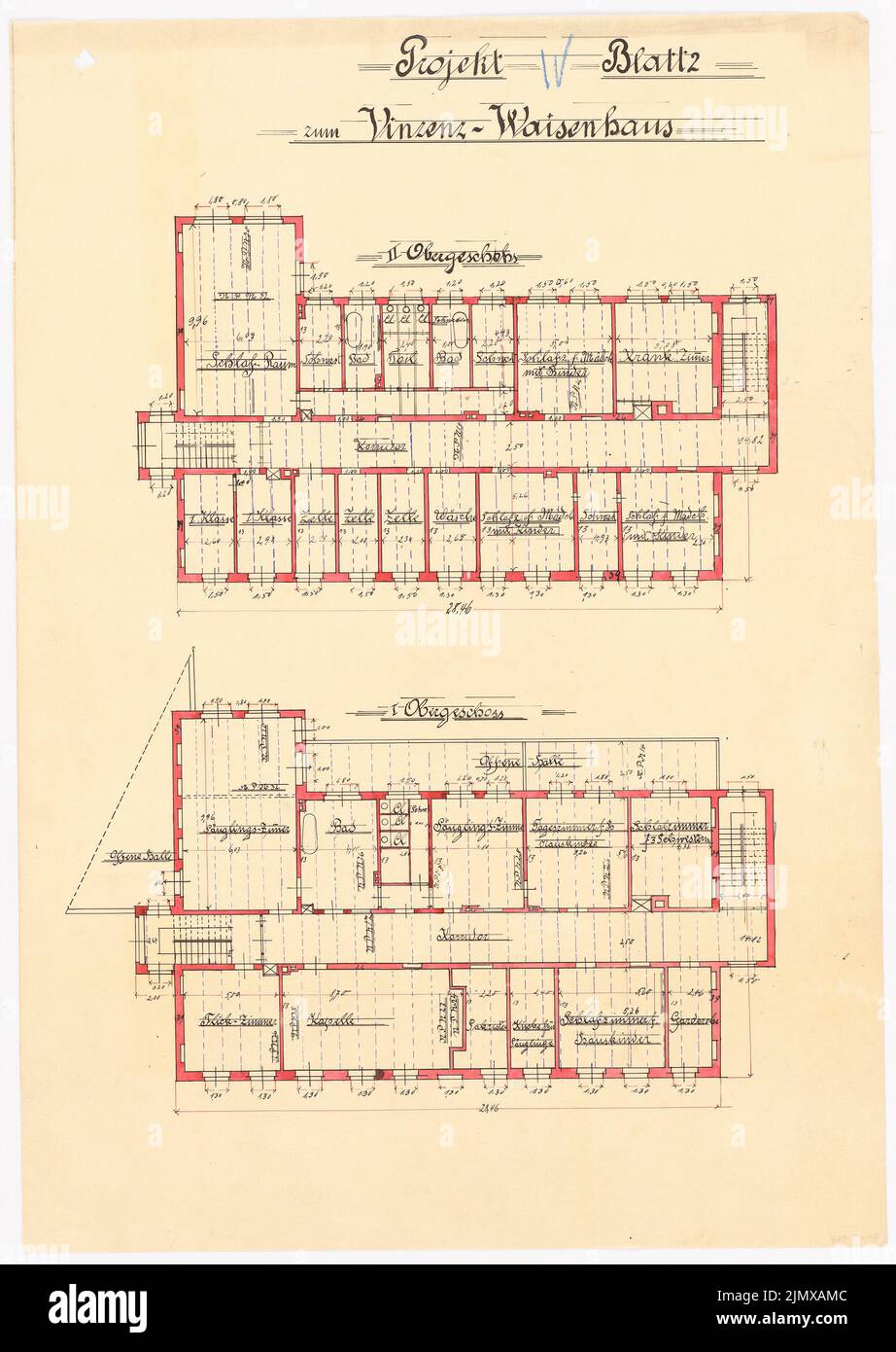 Klomp Johannes Franziskus (1865-1946), Vinzenz-Waisenhaus (mit Stallgebäude), Dortmund (1899-1903): Grundriß 1. und 2. Stock (Blatt 2). Tusche, Tuschefarben, Aquarell auf Transparent, 65,6 x 46,5 cm (inklusive Scankanten) Klomp Johannes Franziskus (1865-1946): Vinzenz-Waisenhaus (mit Stallgebäude), Dortmund Stockfoto