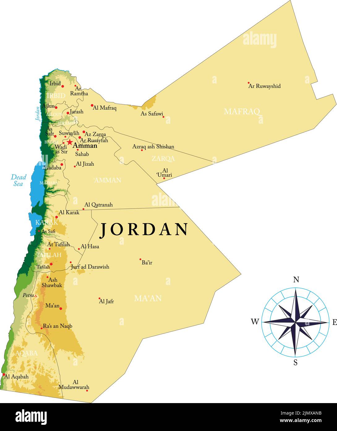 Sehr detaillierte physische Karte von Jordanien im Vektorformat, mit allen Reliefformen, Regionen und großen Städten. Stock Vektor